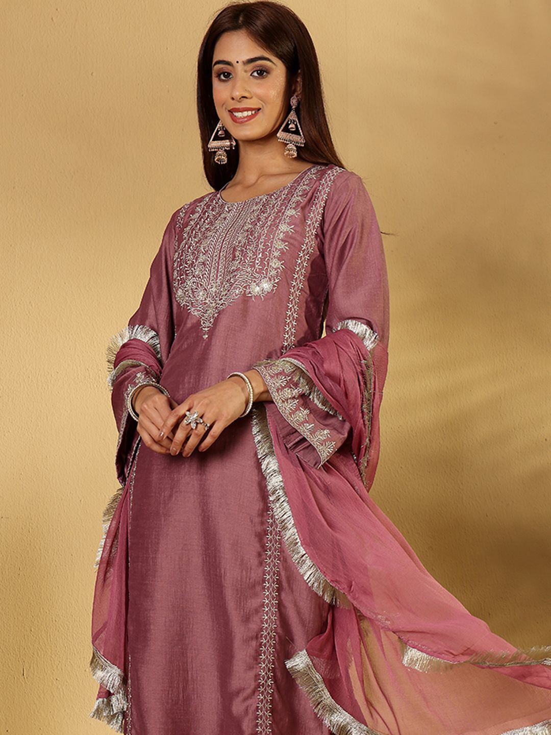 

House of Pataudi Yoke Design Zari Straight Kurta With Trouser & Dupatta, Mauve