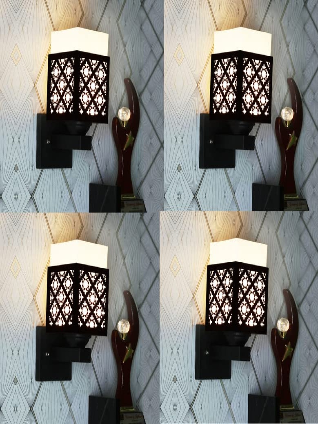 

Gojeeva Black and White 4 Pieces Textured Wooden Square Shaped Wall Lamps