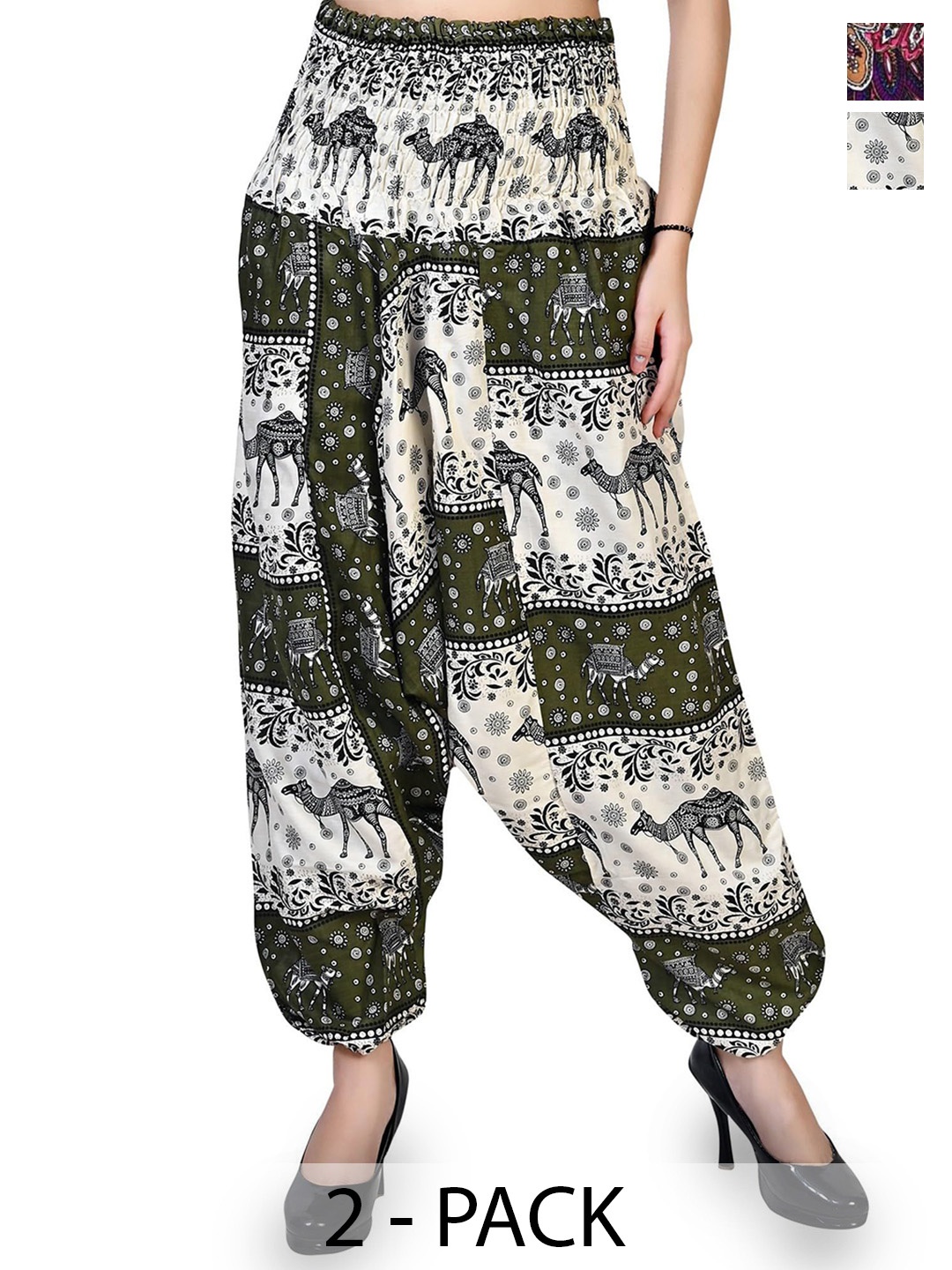 

NarNari Women Pack Of 2 Printed Mid-Rise Loose Fit Harem Pants, Green