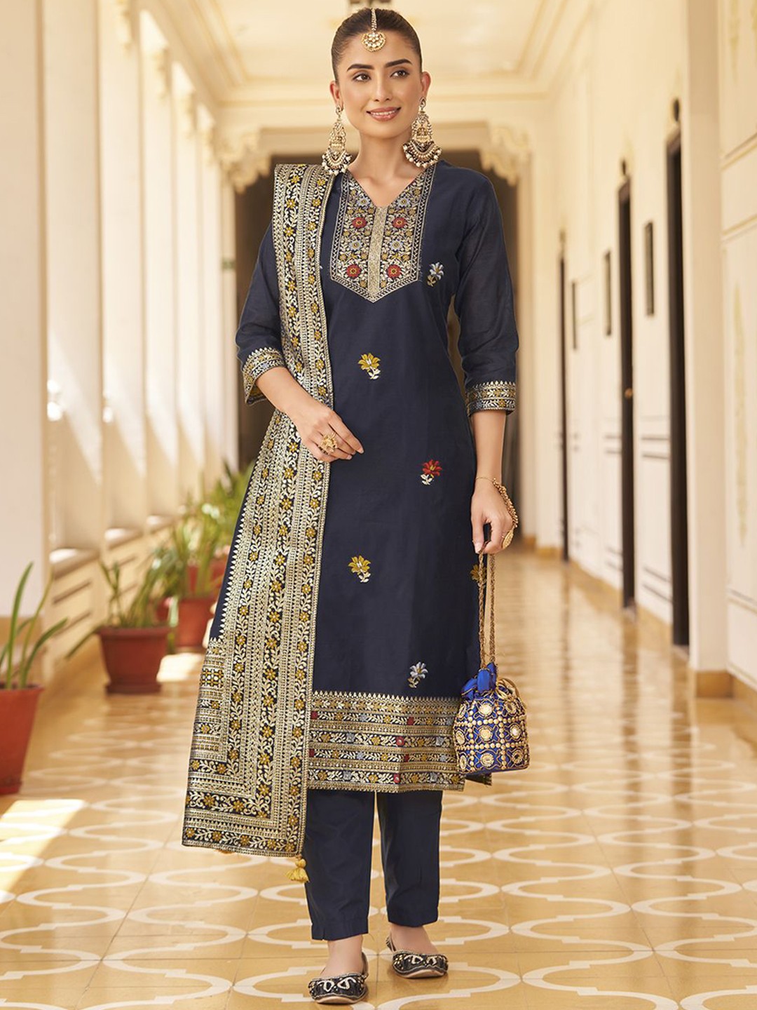 

KALINI Women Floral Regular Kurta with Trousers & With Dupatta, Navy blue