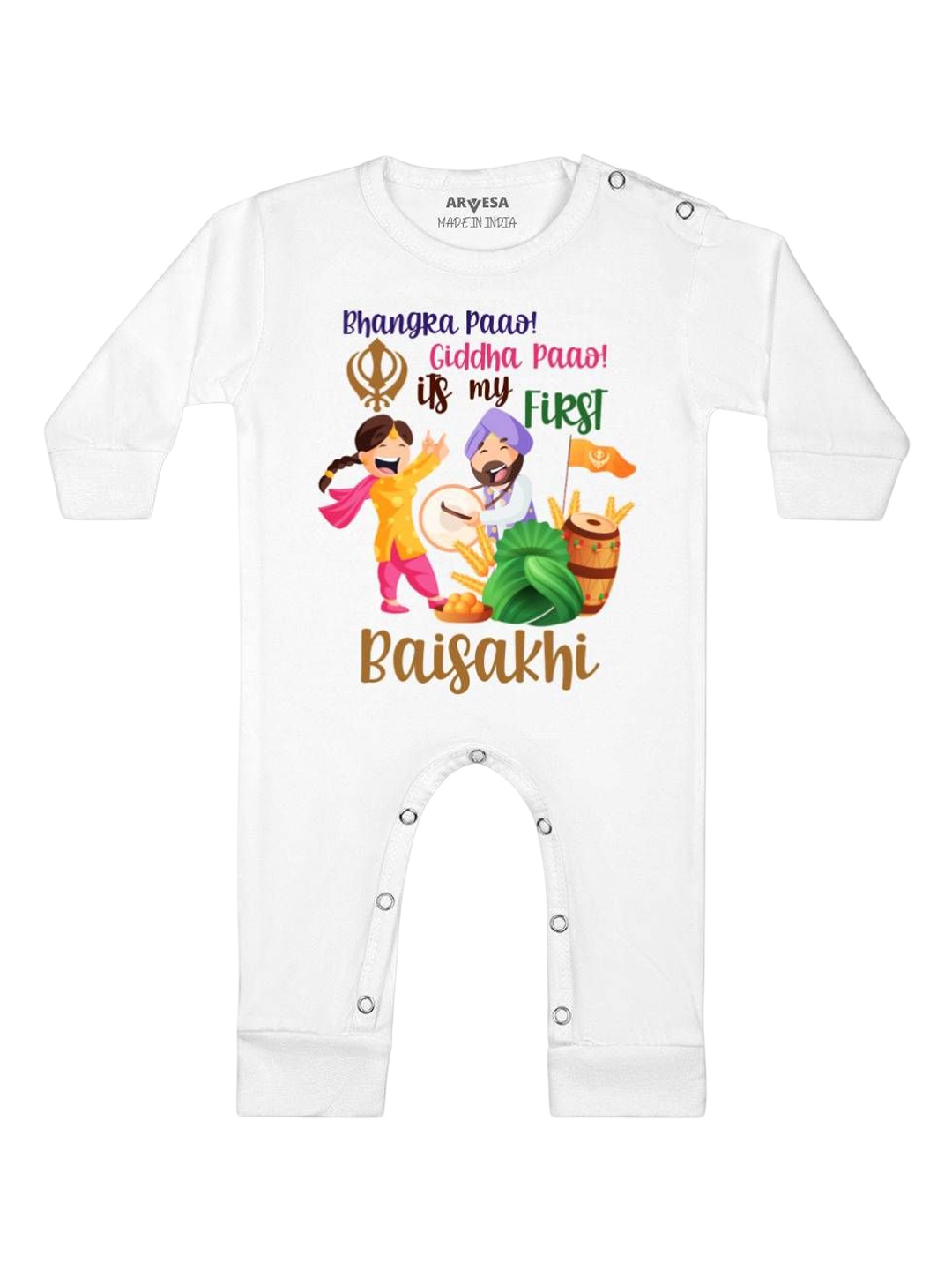 

Arvesa First Baisakhi Printed Baby Romper, White