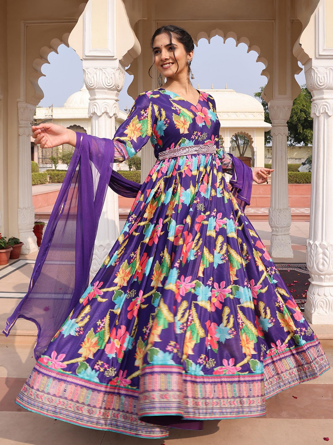 

KALINI Floral Printed Art Silk Semi-Stitched Dress Material, Purple