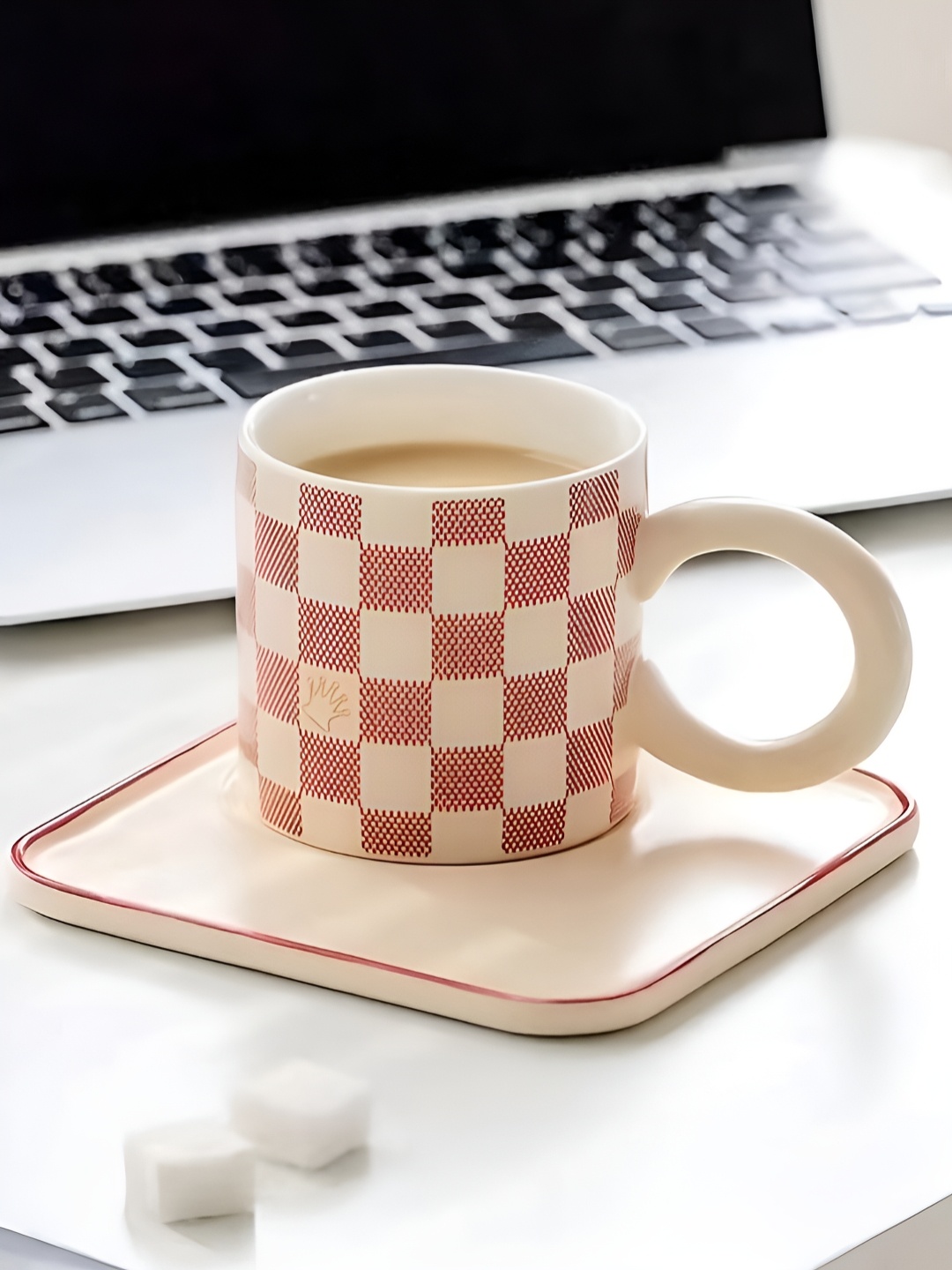 

BonZeaL Beige & Red Checked Ceramic Matte Mug With Saucer 260 ml