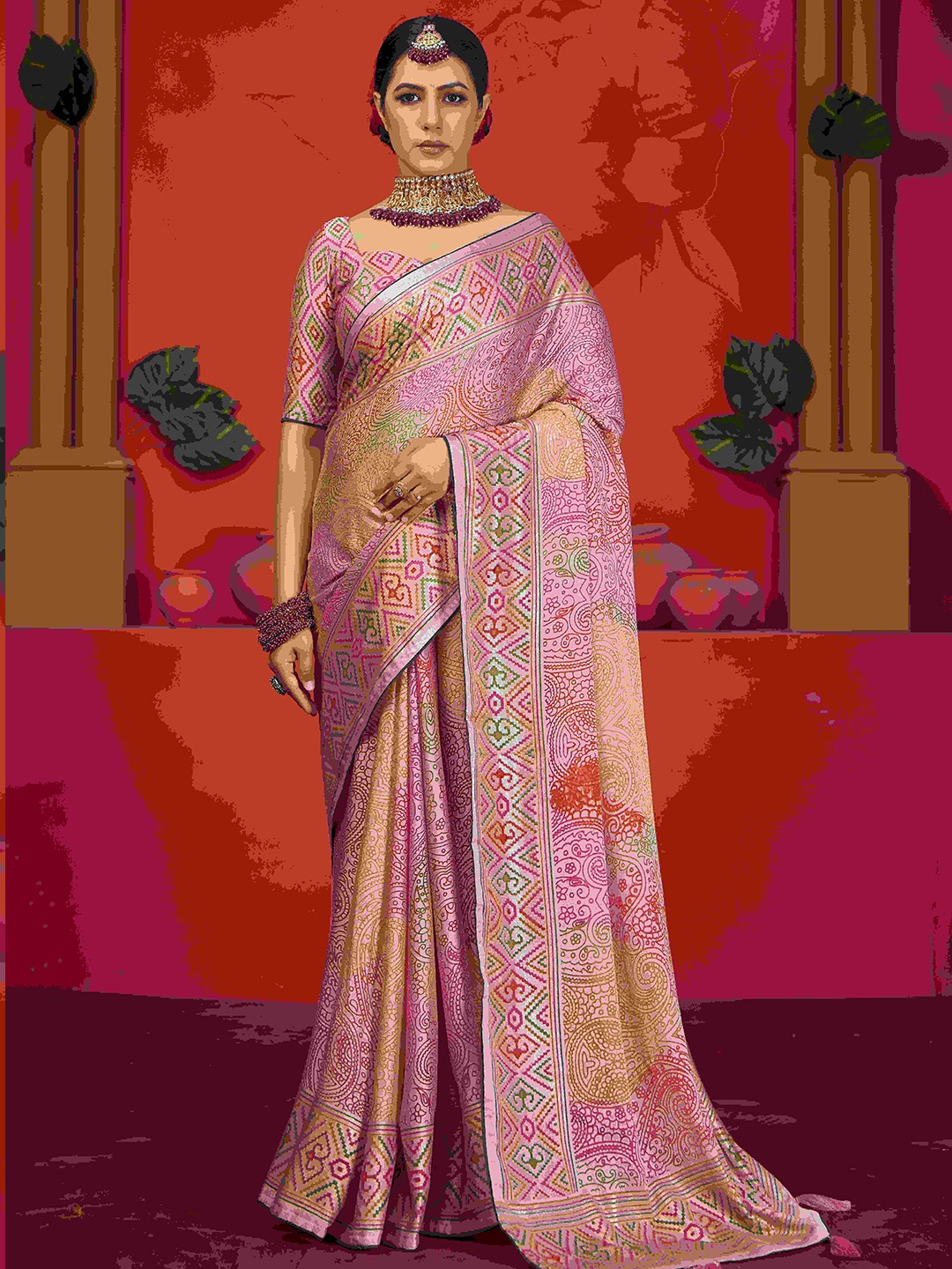 

KCPC BANDHANI Bandhani Patola Saree, Pink