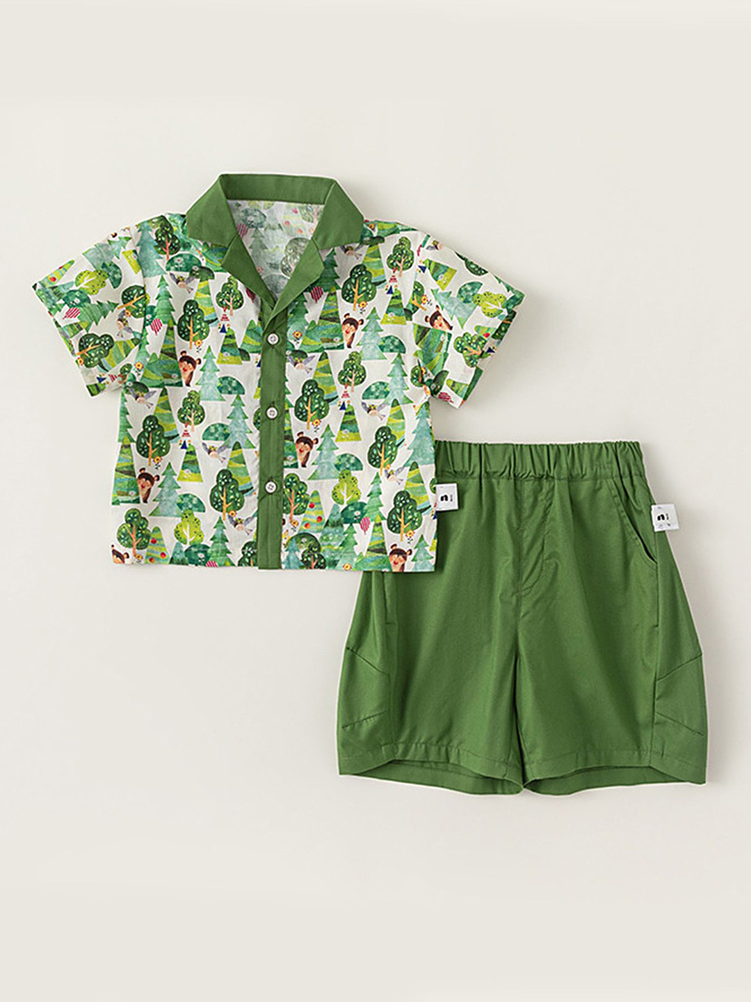 

LULU & SKY Boys Floral Printed Pure Cotton Shirt With Shorts, Green