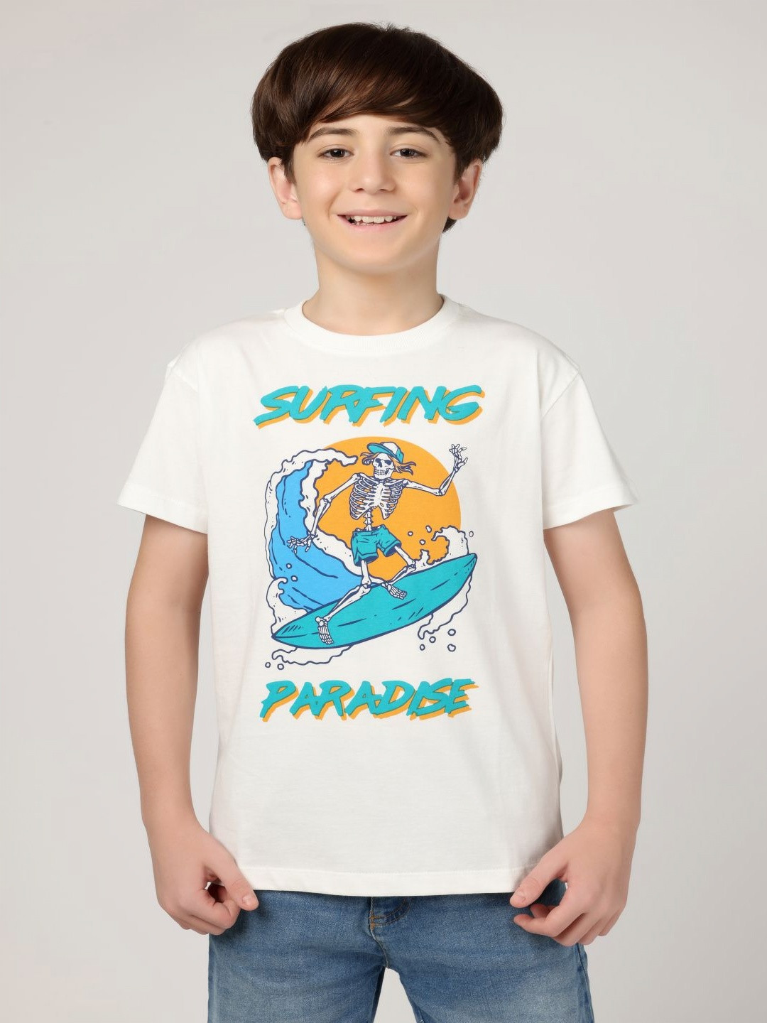

Wakai Boys Printed Organic Cotton Applique T-shirt, Off white