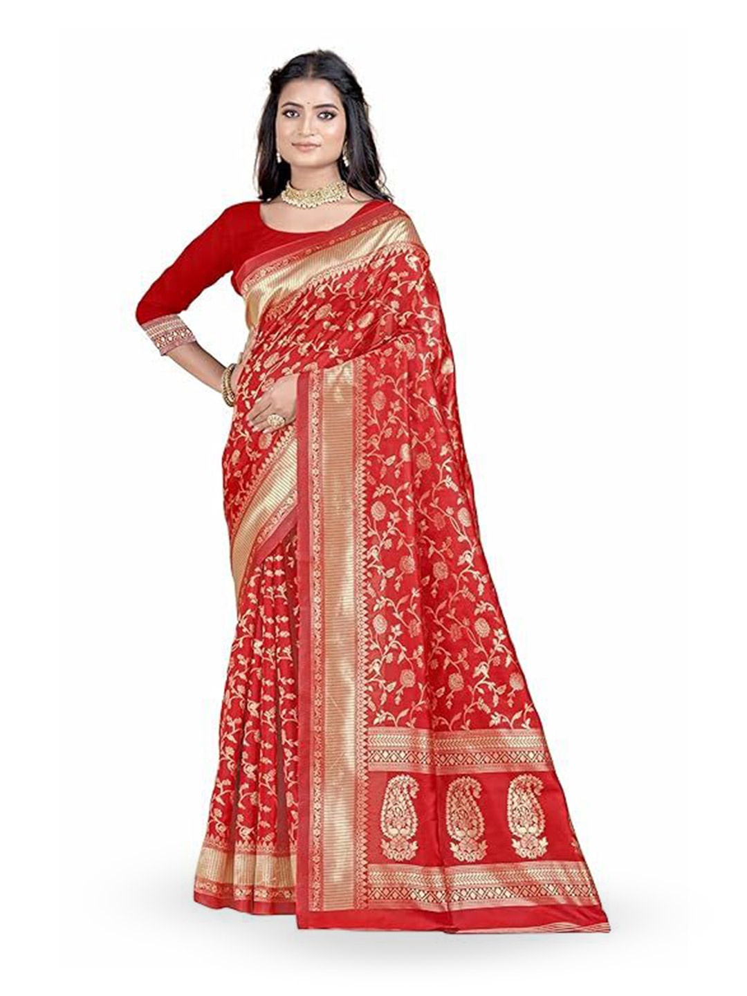 

Florence Woven Design Zari Pure Silk Kanjeevaram Saree, Red