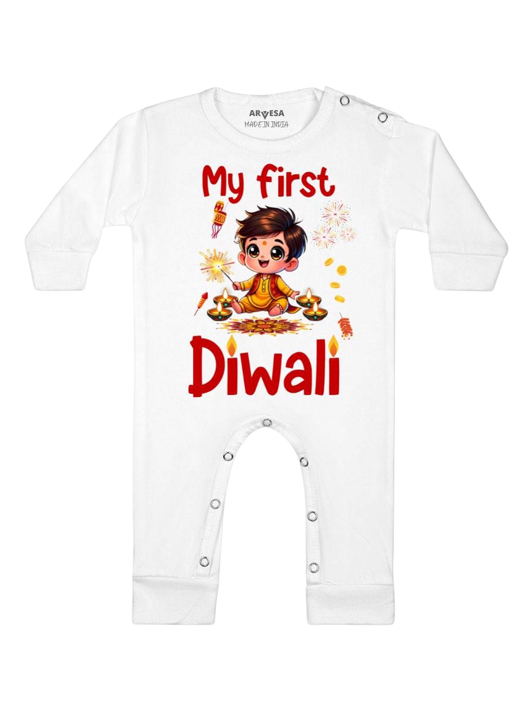 

Arvesa First Diwali Printed Baby Romper, White