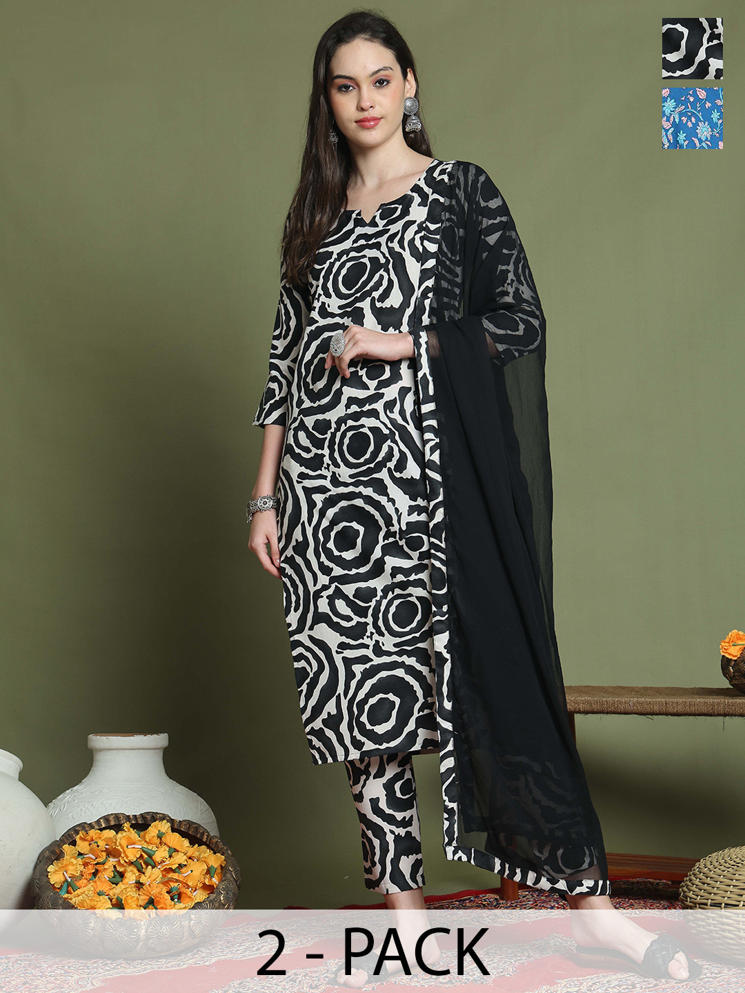 

KALINI Women Floral Printed Regular Kurta with Trousers & With Dupatta, Blue