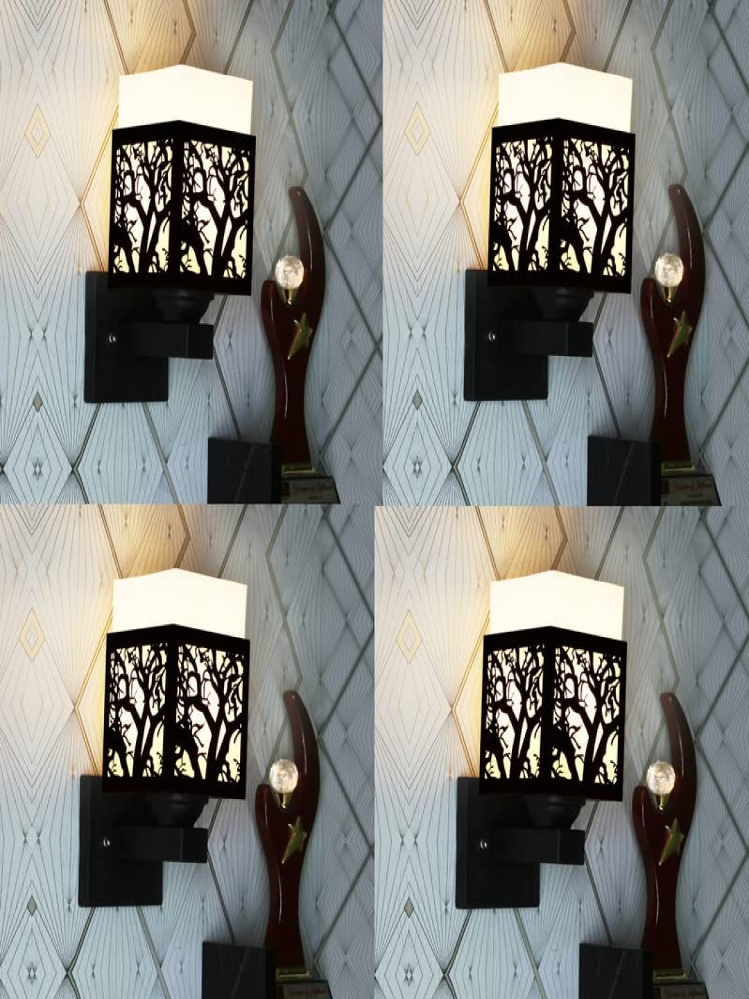 

Gojeeva Black & White 4 Pieces Textured Wooden Rectangle Shaped Wall Lamps