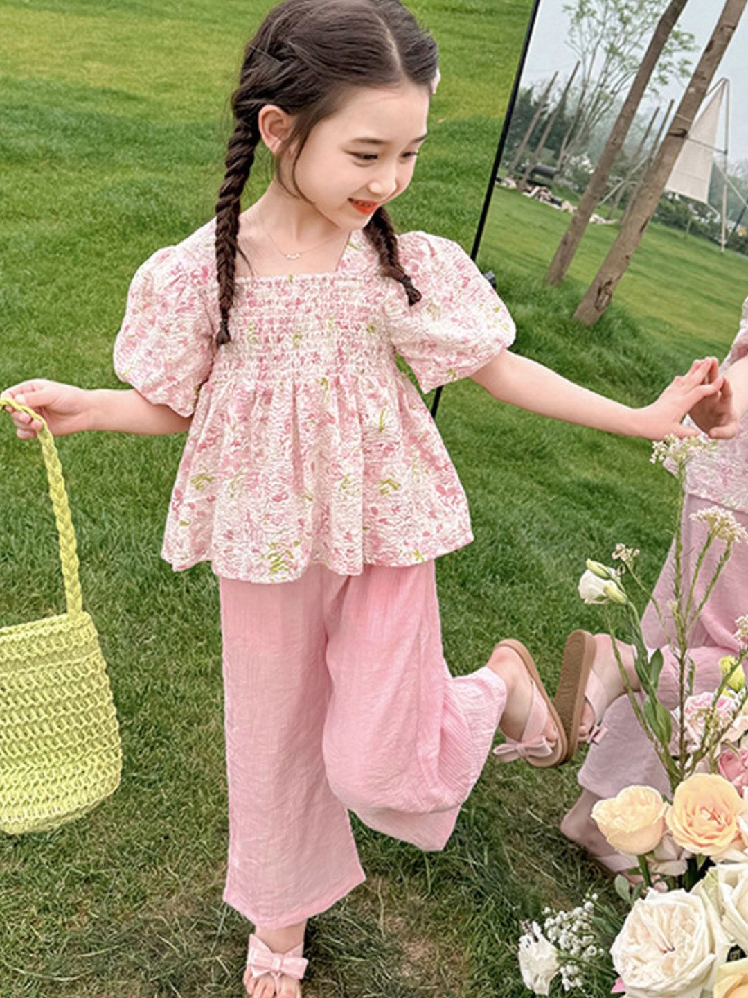 

LULU & SKY Girls Floral Printed Square Neck Top With Trousers, Pink