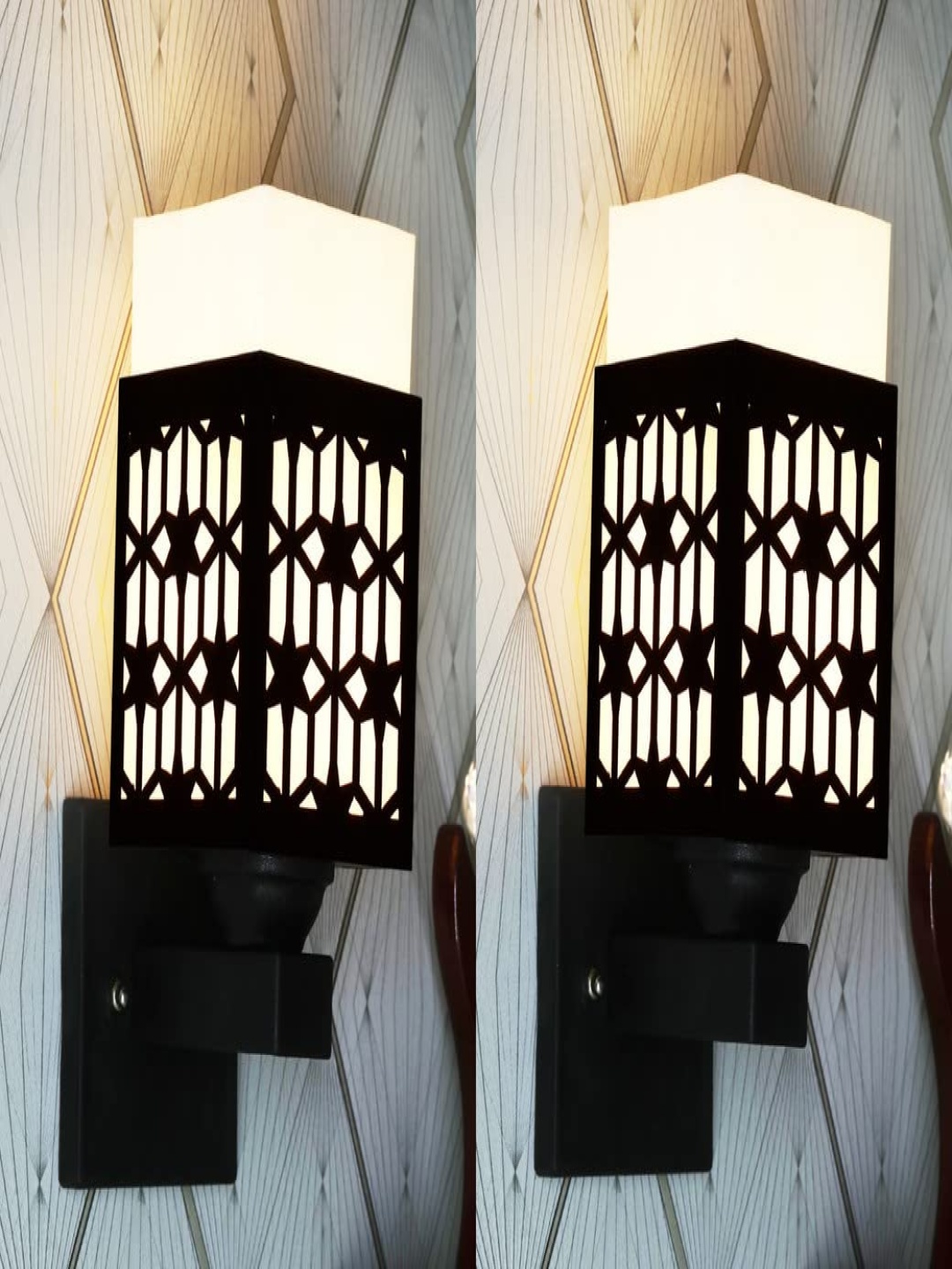 

Gojeeva Black and White 2 Pieces Textured Wooden Square Shaped Wall Lamps