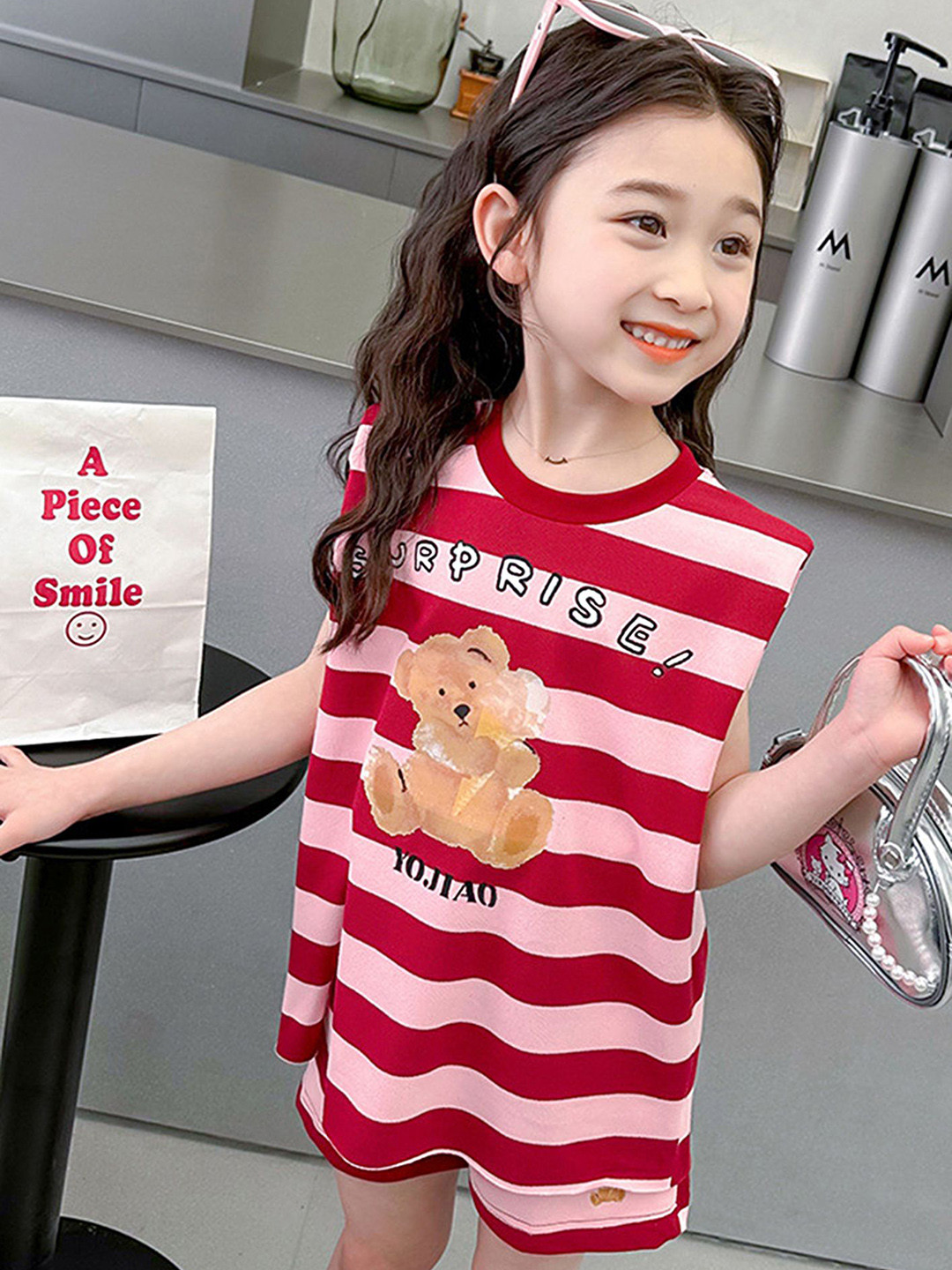 

LULU & SKY Girls Striped Round Neck Pure Cotton T-shirt With Shorts, Red