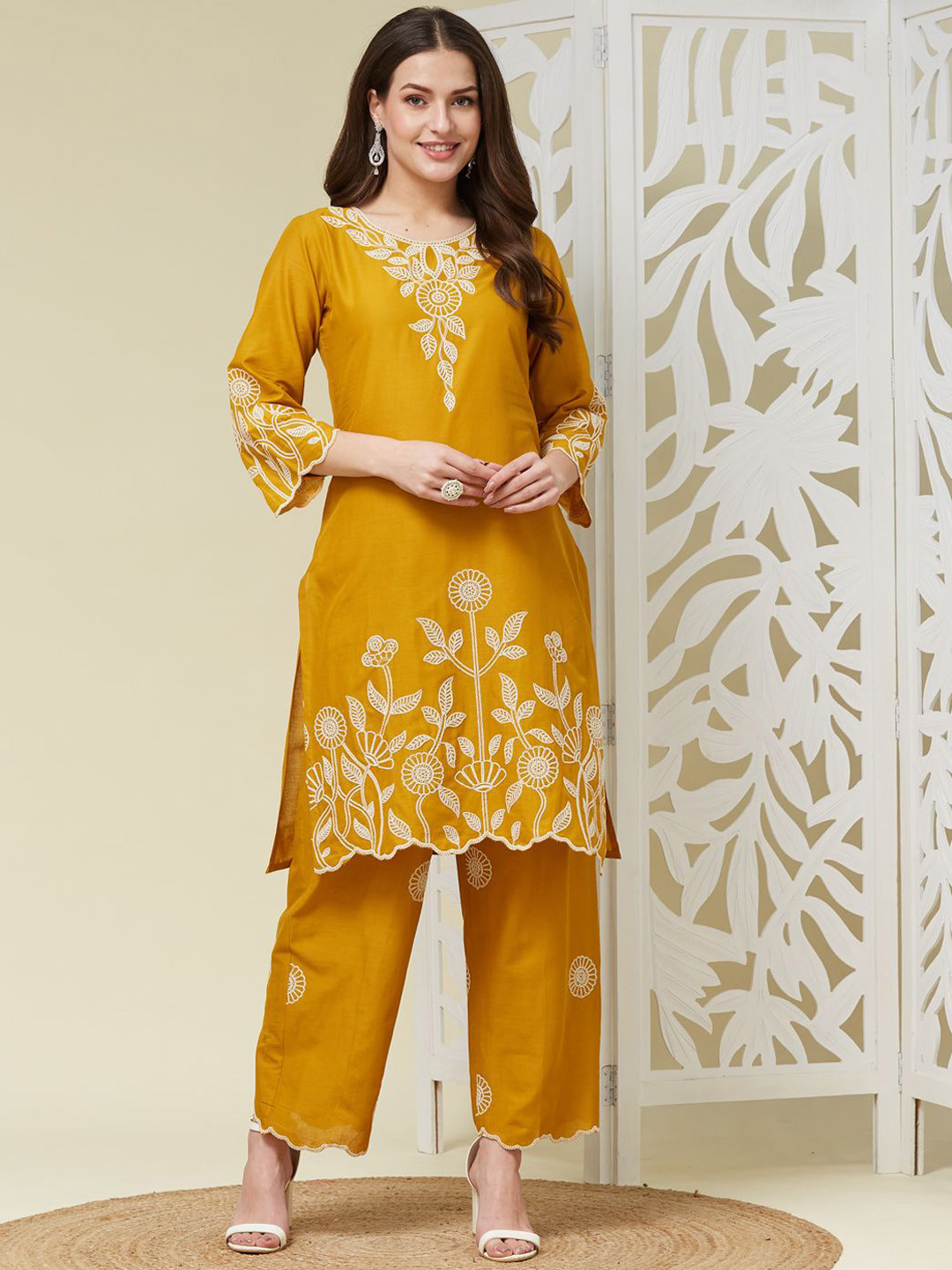 

MOKOSH Embroidered Round Neck Pure Cotton Top With Trousers Co-Ords, Mustard