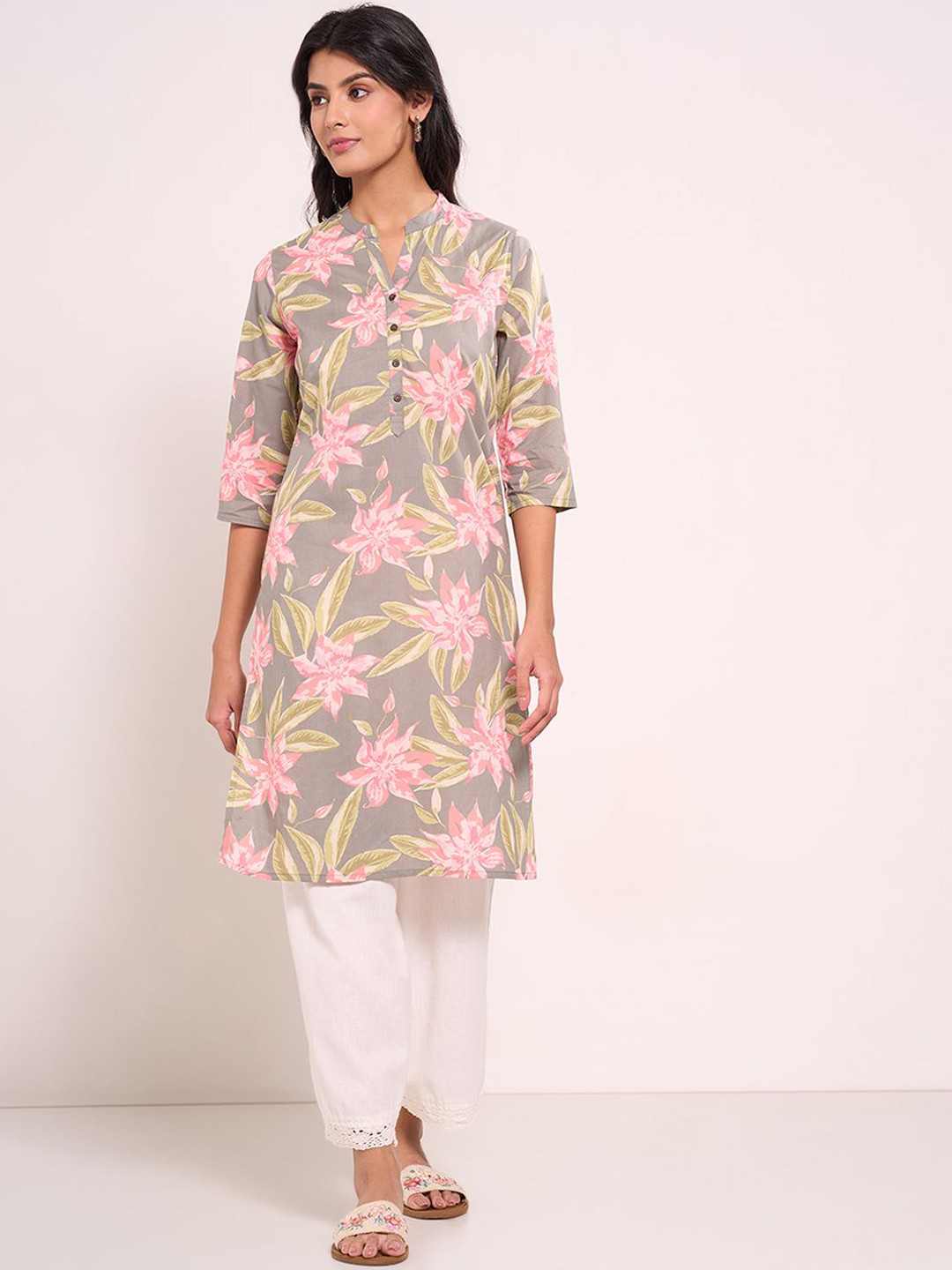 

RANGMANCH BY PANTALOONS Floral Printed Mandarin Collar Cotton A-Line Kurta, Grey