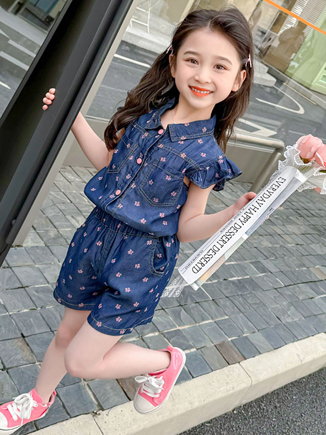 

LULU & SKY Girls Floral Printed Shirt With Shorts, Blue