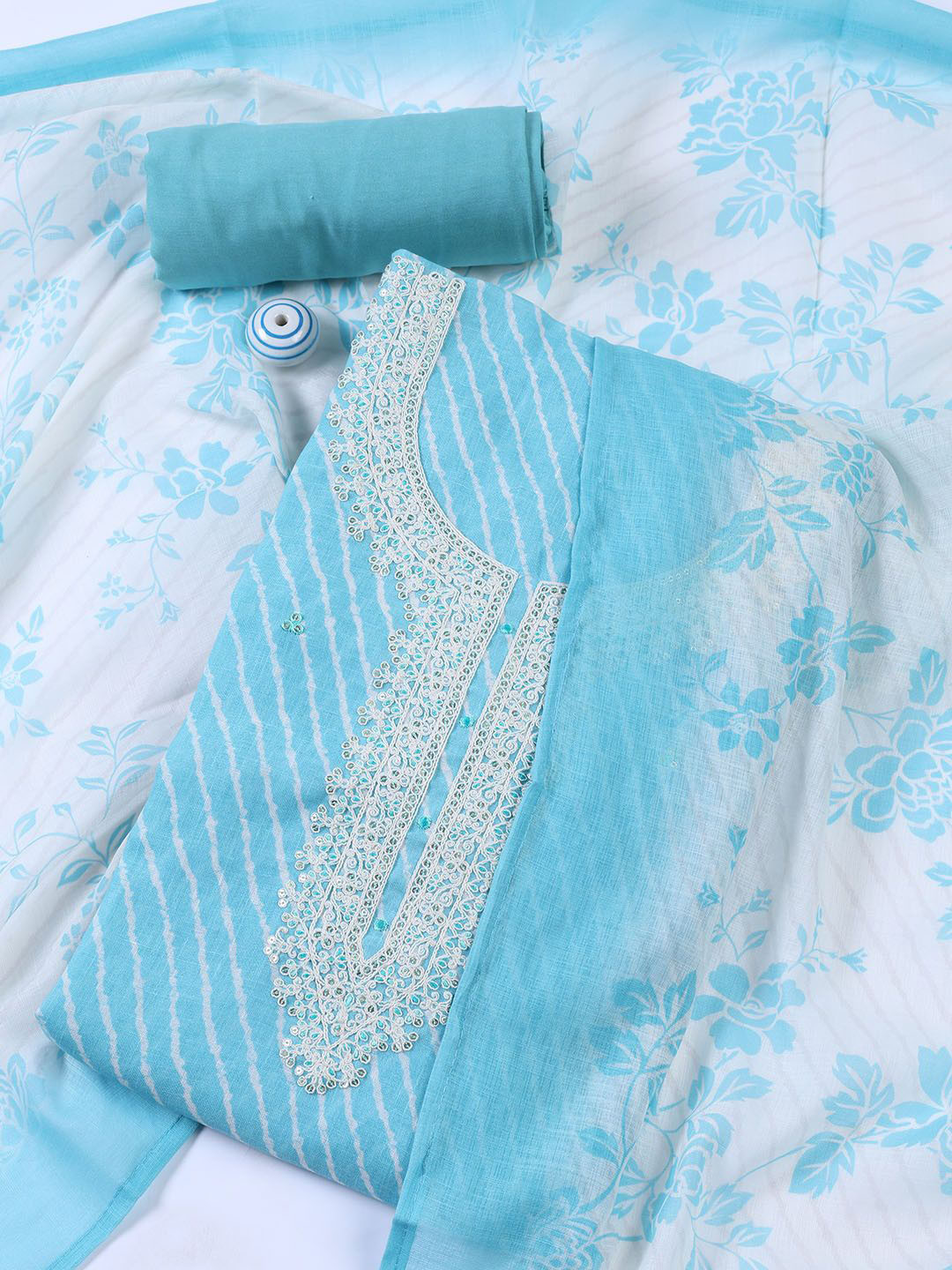 

Meena Bazaar Leheriya Printed Sequinned Linen Unstitched Dress Material, Blue