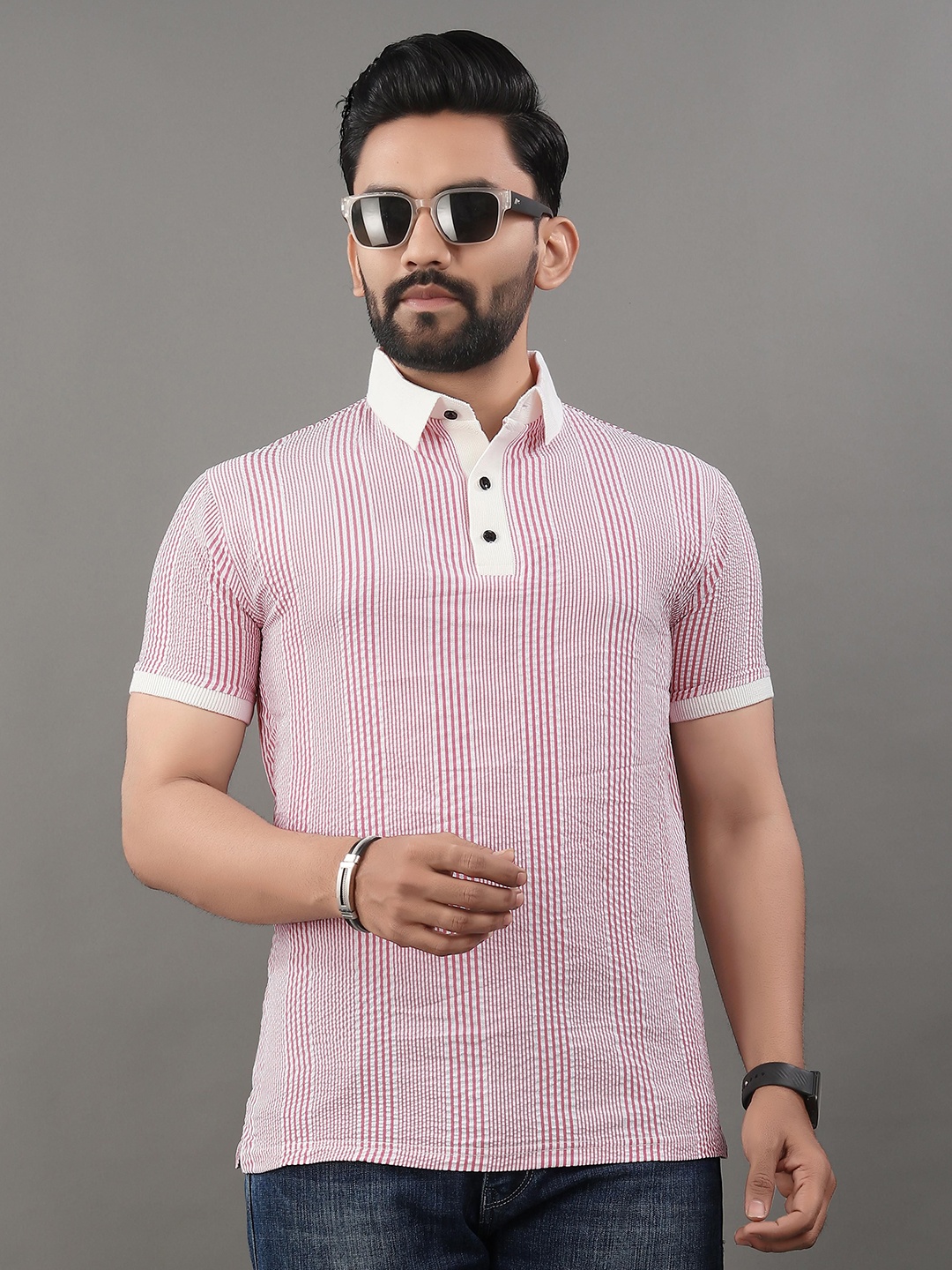 

TERAXO Men Striped Polo Collar T-shirt, Pink