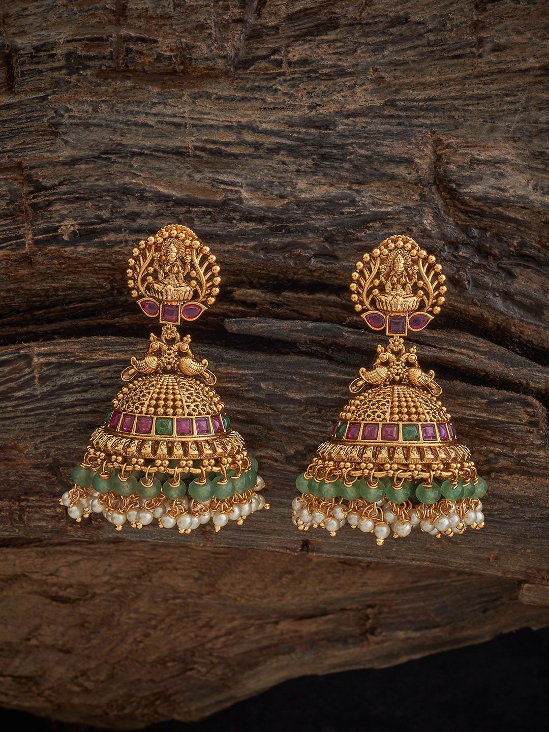 

Kushal's Fashion Jewellery Gold-Plated Ruby Dome Shaped Ethnic Antique Jhumkas Earrings