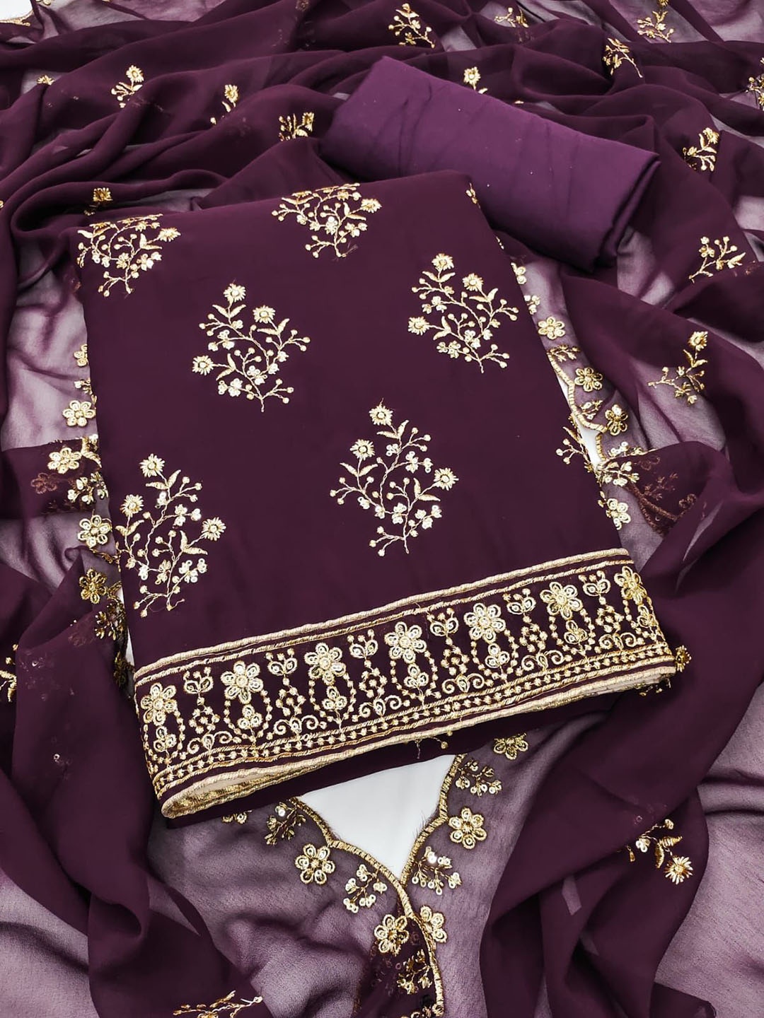 

Rangtulika Floral ZAri Embroidered Georgette Unstitched Dress Material, Purple