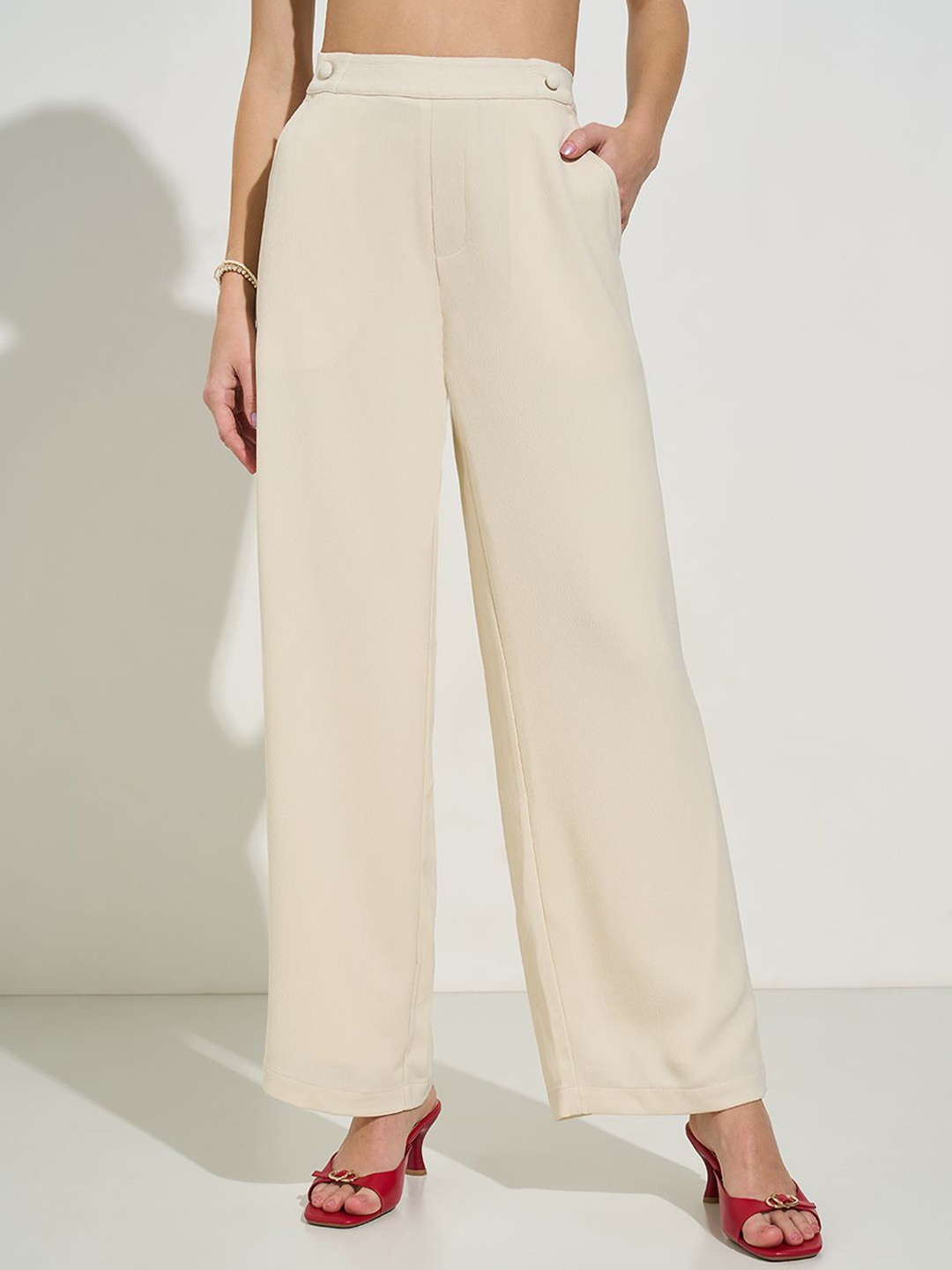 

Honey by Pantaloons Women High-Rise Loose Fit Parallel Trousers, Cream