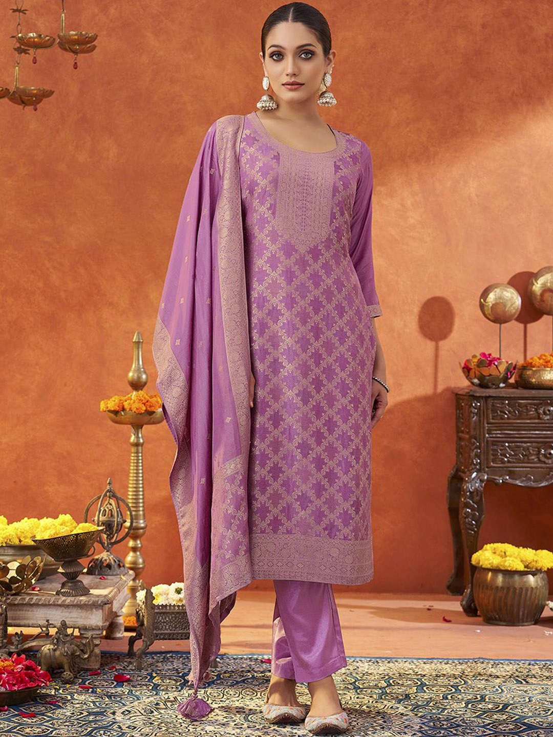 

KALINI Women Floral Regular Kurta with Trousers & With Dupatta, Lavender