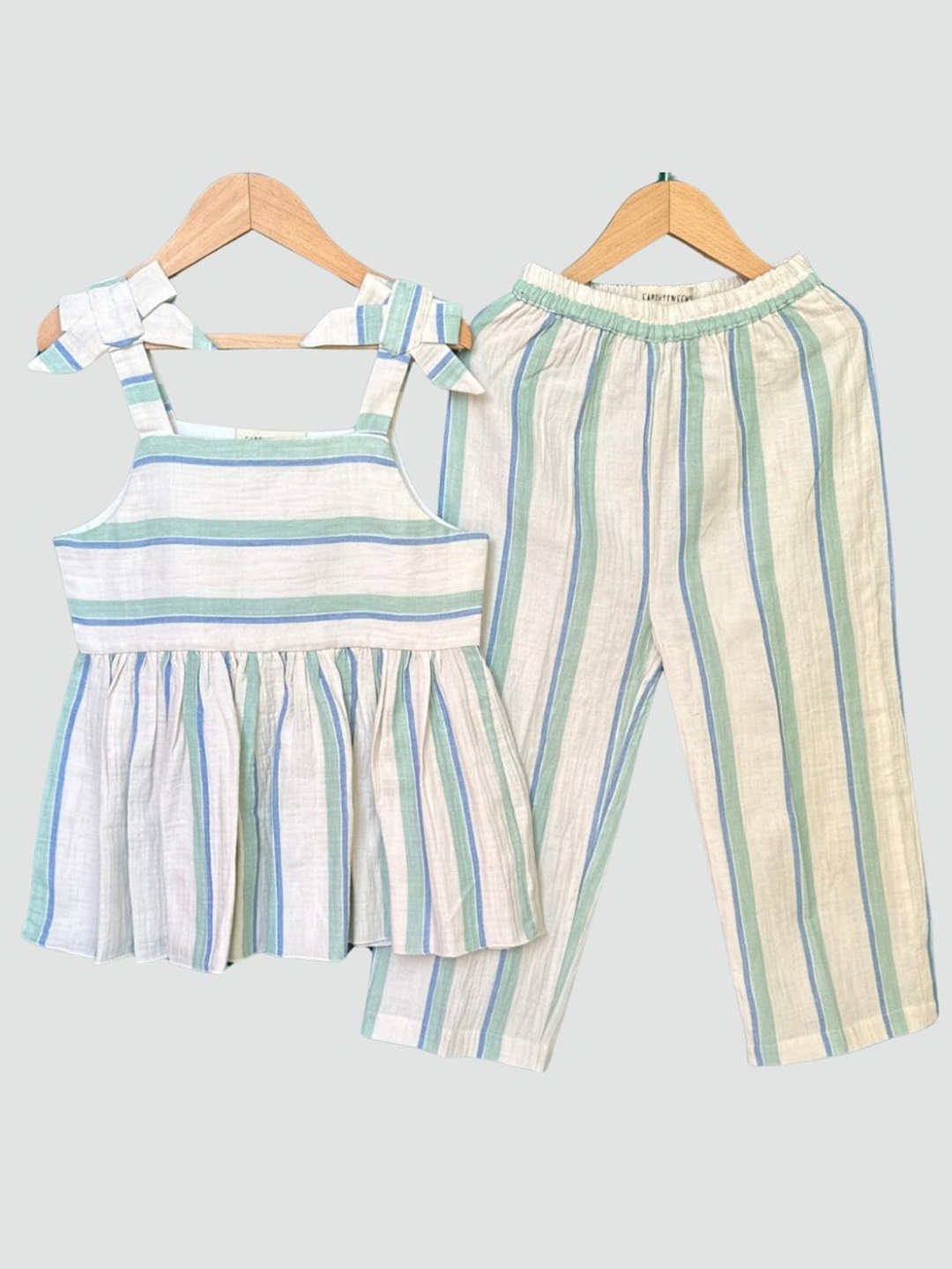 

EARTHY TWEENS Girls Aqua Charm Striped Pure Cotton Top with Trousers, White