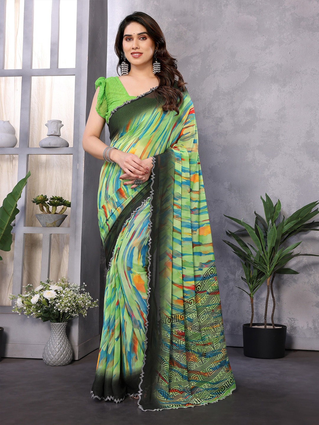 

Moda Rapido Beads and Stones Pure Georgette Saree, Green