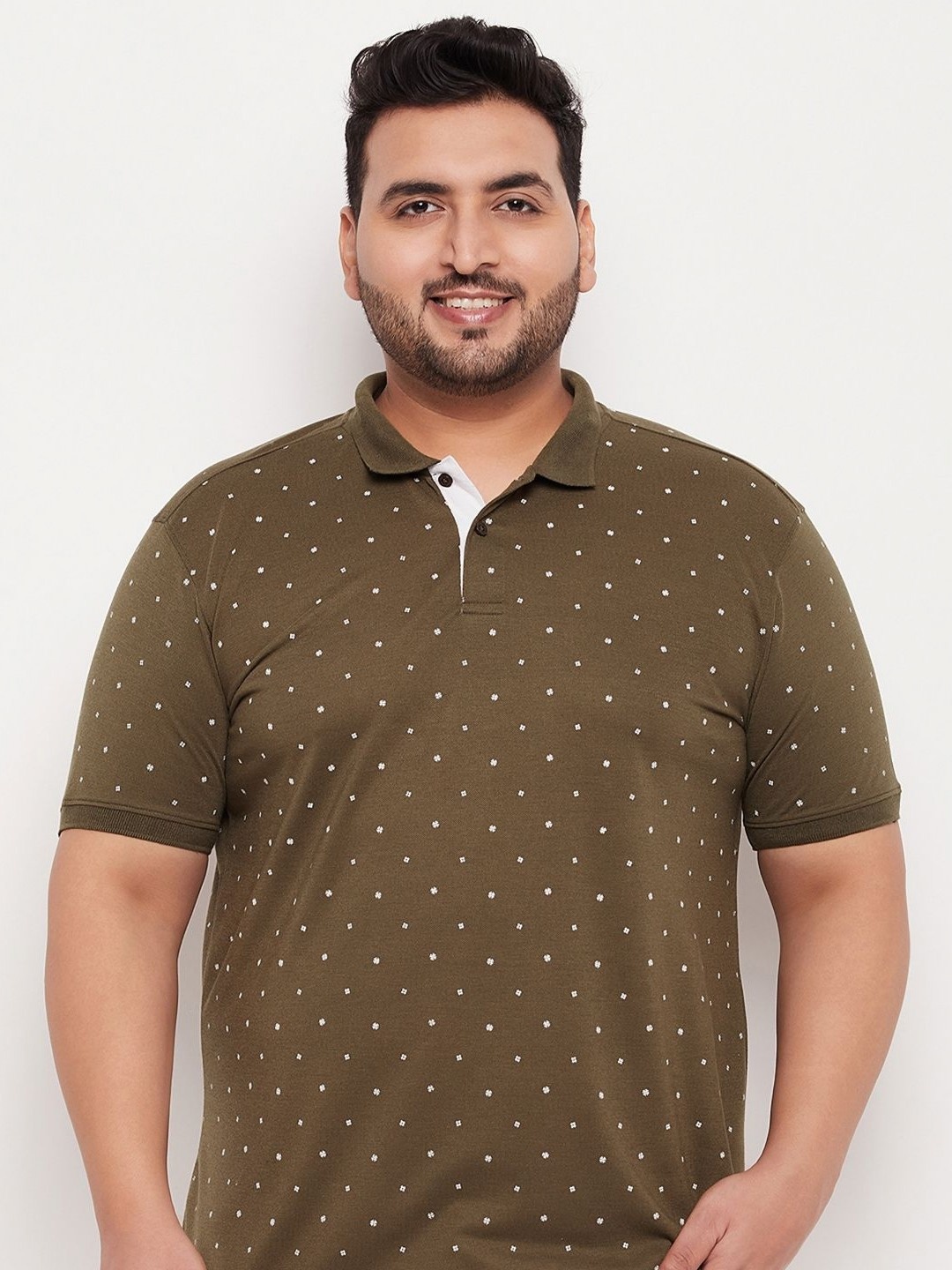 

XFOX Men Polka Dot Printed Polo Collar T-shirt, Olive