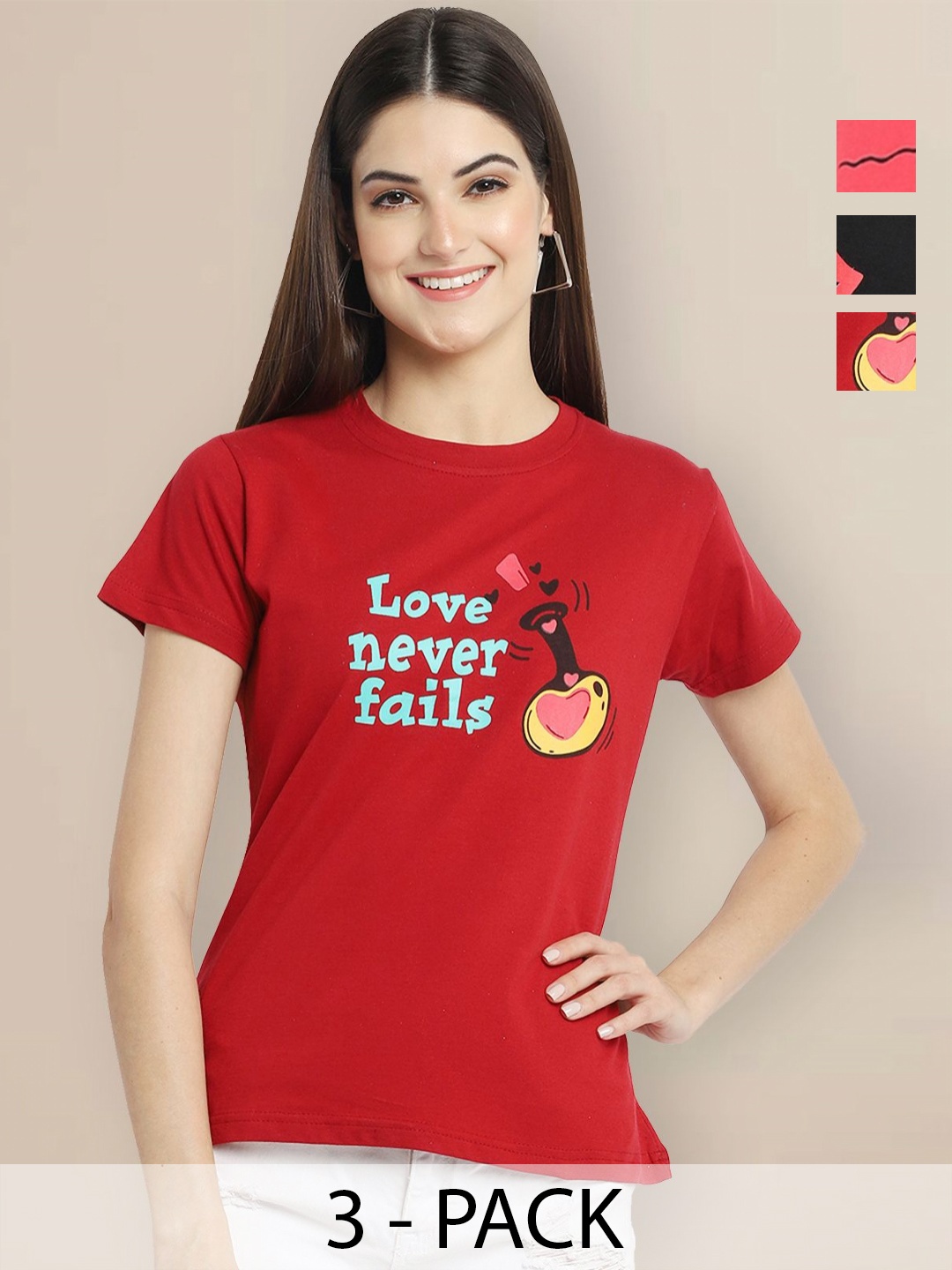 

Metronaut Women Pack of 3 Graphic Printed Round Neck Cotton T-shirts, Red