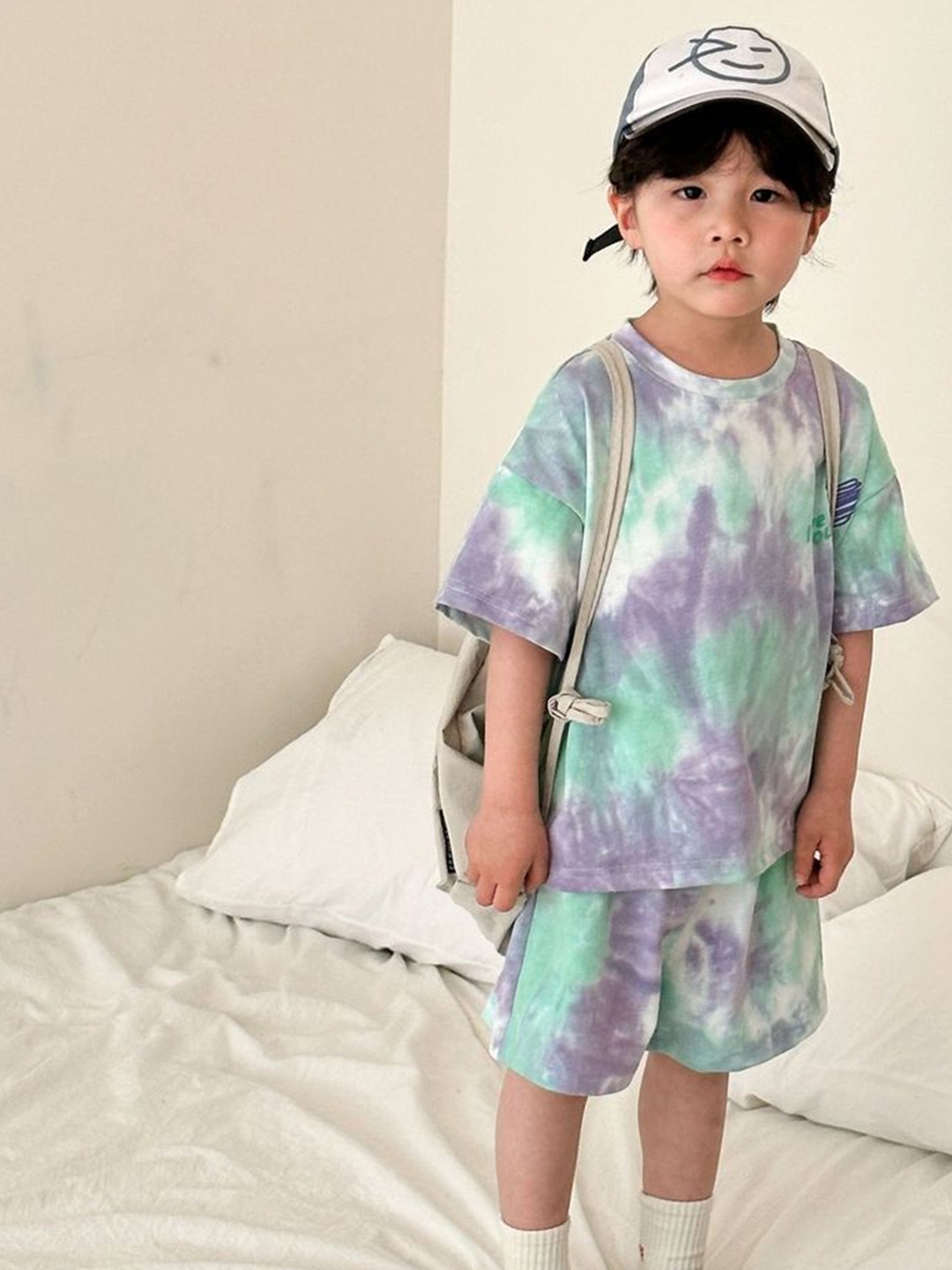 

LULU & SKY Boys Tie and Dye Printed Pure Cotton T-shirt with Shorts, Purple