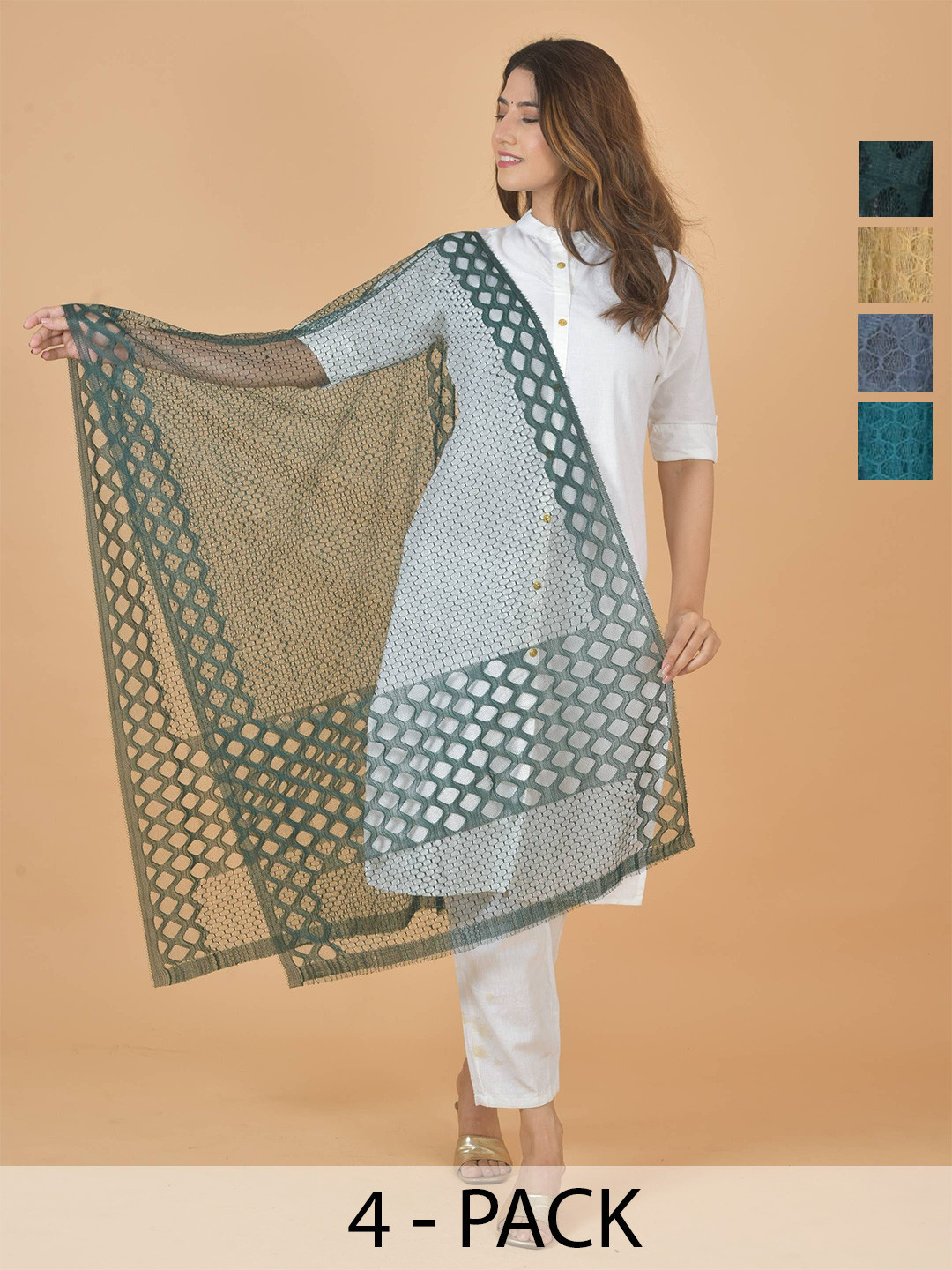 

LA FEMINAE Selection Of 4 Geometric Woven Design Dupattas, Green