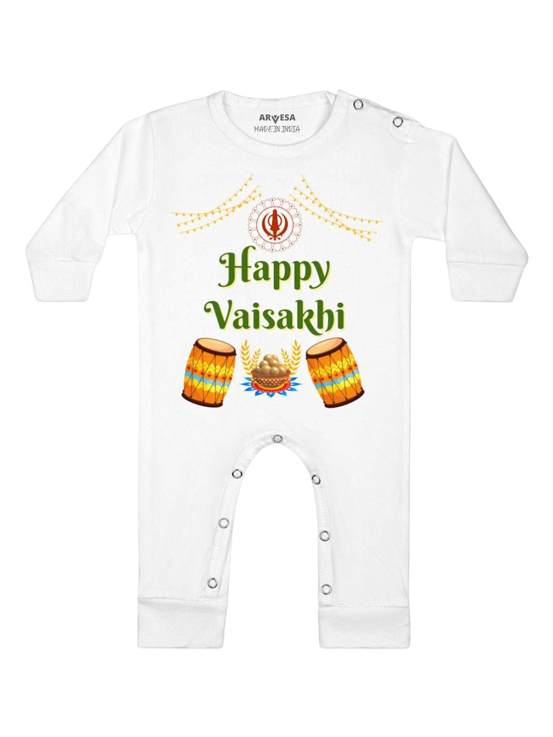 

Arvesa Happy Baisakhi Printed Baby Romper, White
