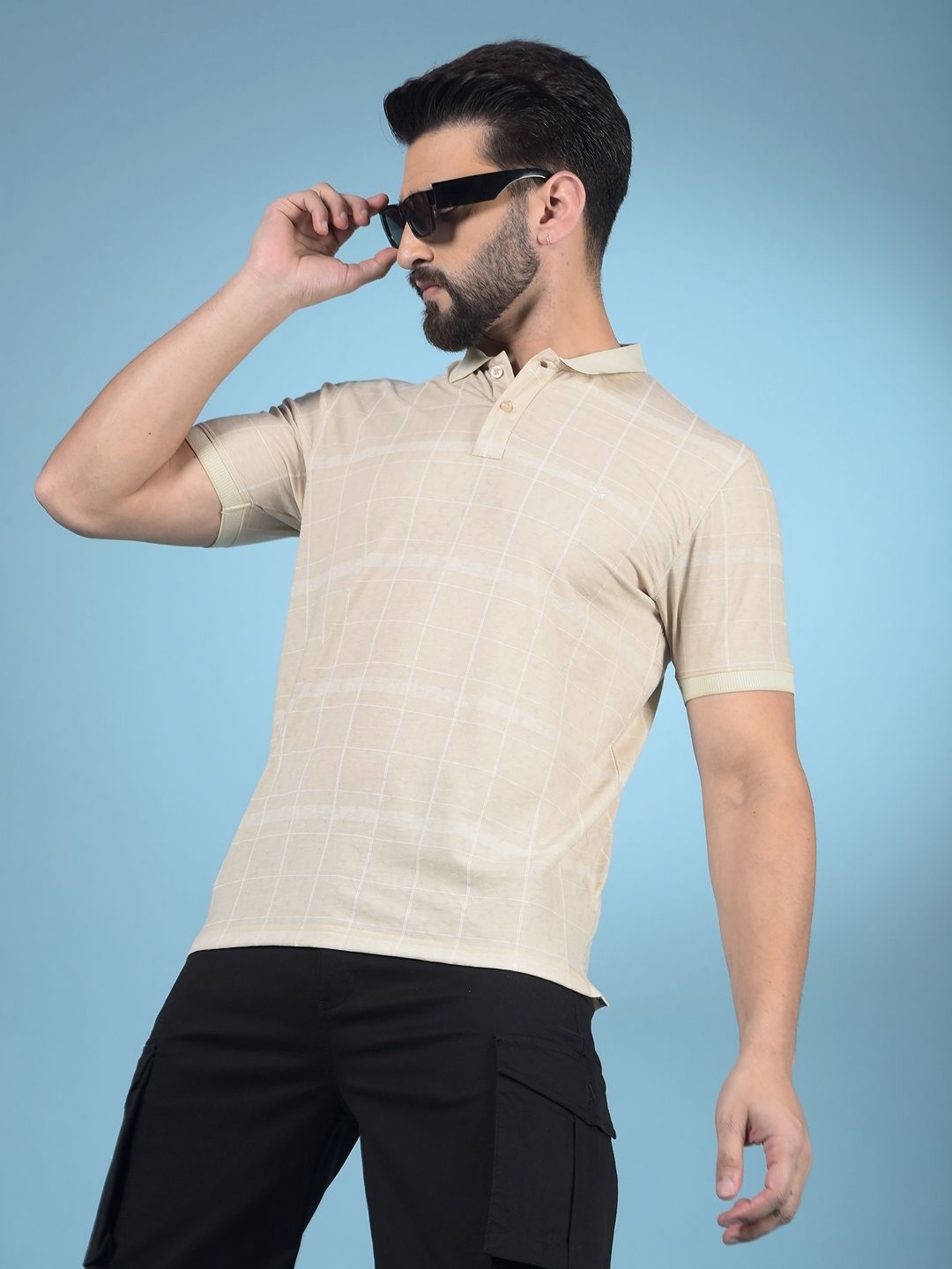 

Crimsoune Club Men Checked Polo Collar Pockets Slim Fit T-shirt, Beige