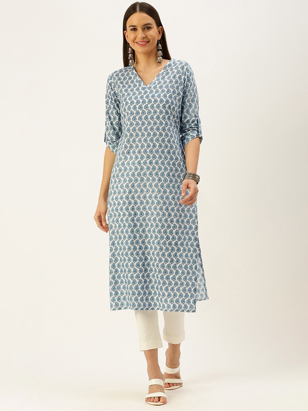 

HRITIKA Ethnic Motifs Printed Pure Cotton Straight Kurta, White