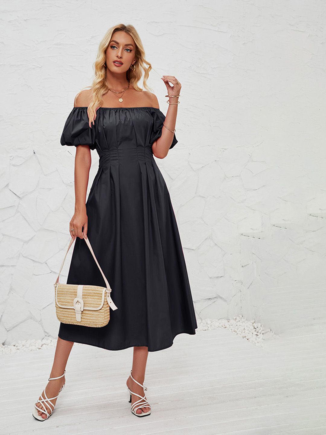 

JC Mode Off-Shoulder Fit & Flare Midi Dress, Black