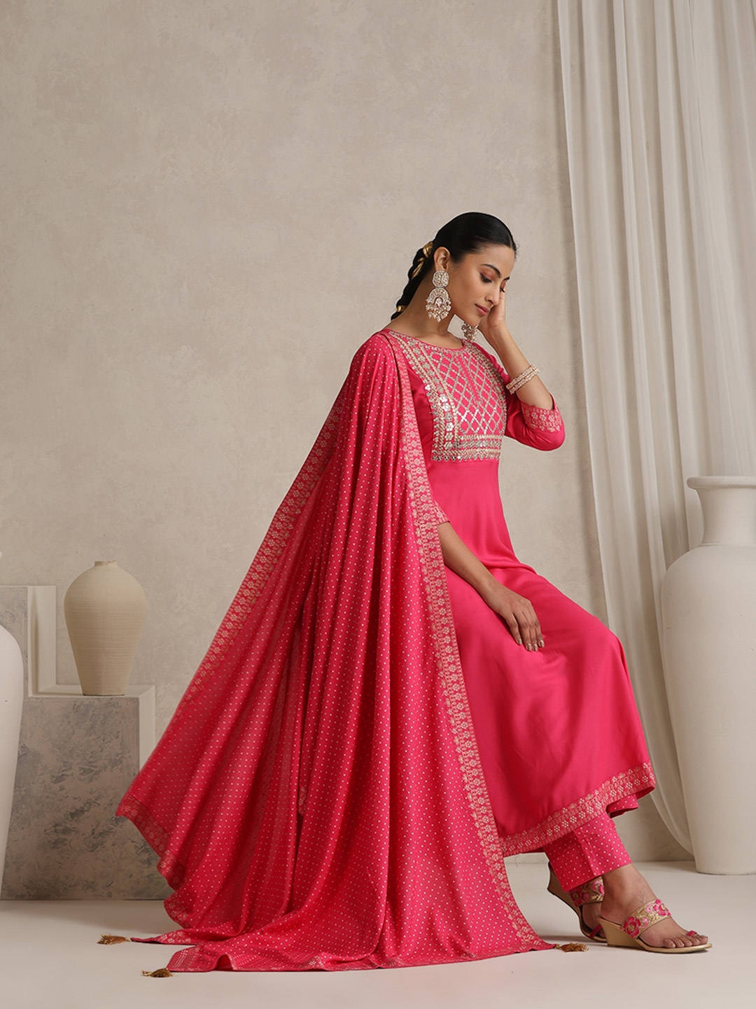 

Khushal K Sequinnce Embroidered Thread A-Line Kurta With Trousers & Dupatta, Pink