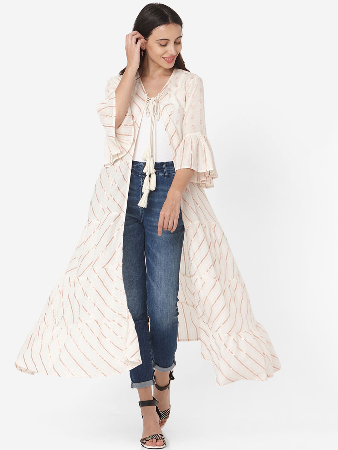 

HRITIKA Self Design Tie-Up Neck Bell Sleeves Cotton Longline Shrug, White