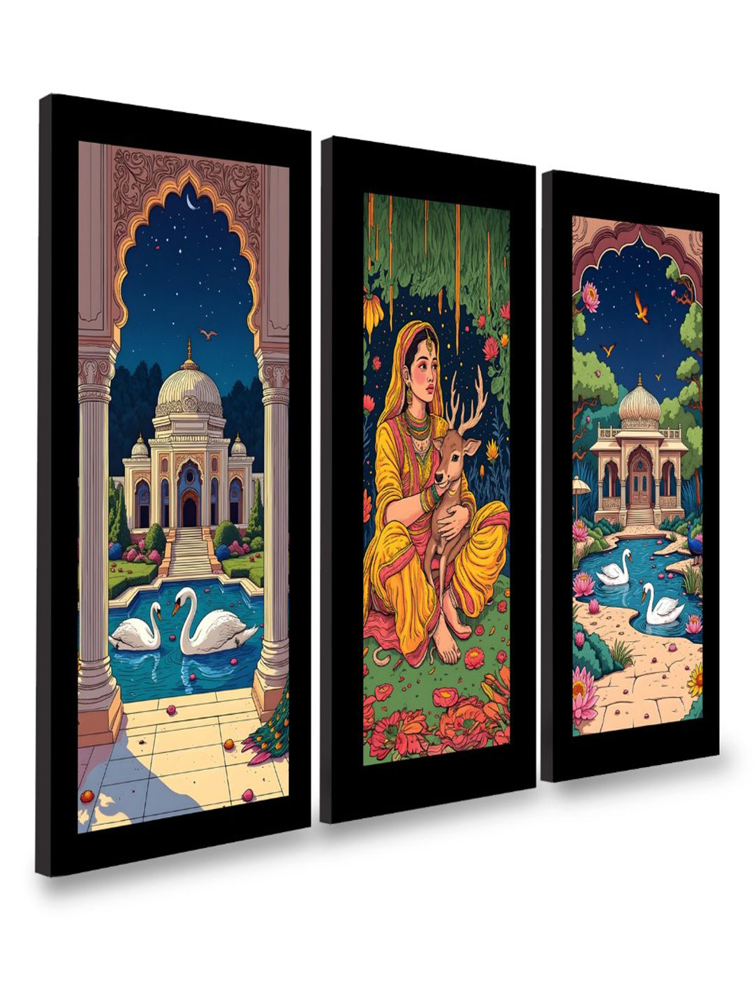 

CVANU Blue & Green 3 Pieces Floral And Botanical Madhubani Canvas Wall Art