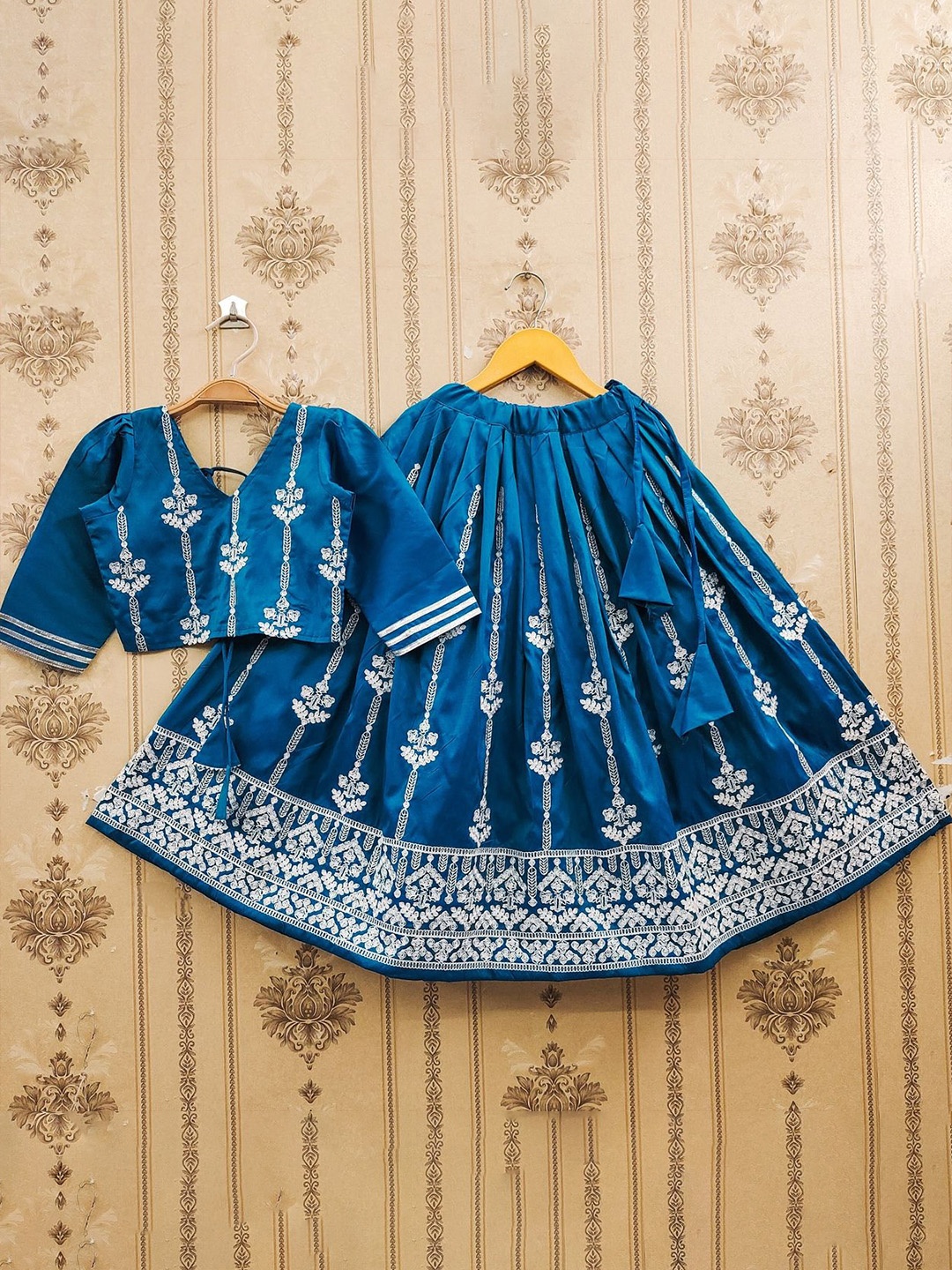 

BAESD Girls Embroidered Thread Work Foil Print Ready to Wear Lehenga &, Teal
