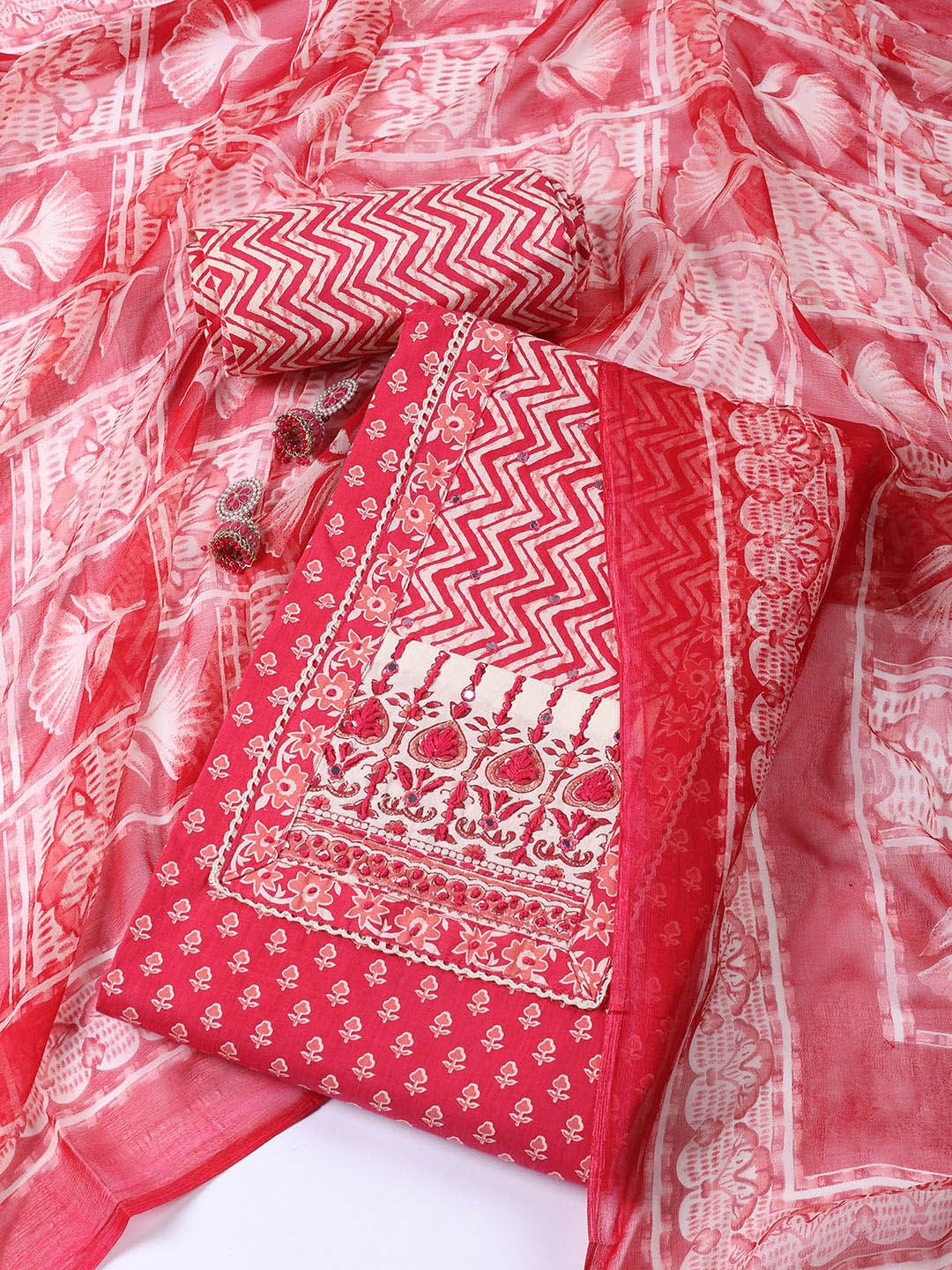 

Meena Bazaar Floral Printed Thread Work Unstitched Dress Material, Pink