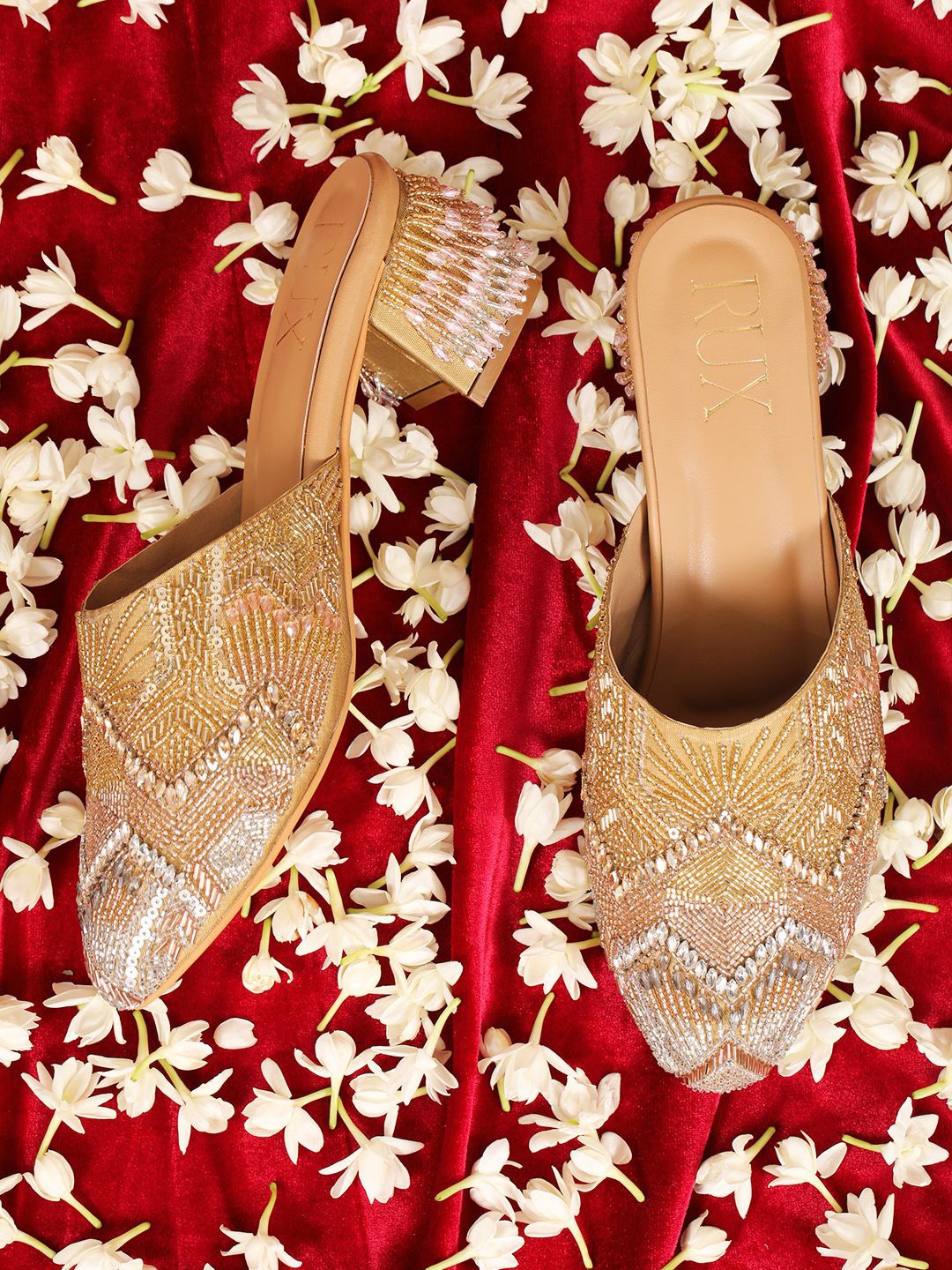 

RUXBYPAYAL Women Embellished Block Heels Mules, Beige