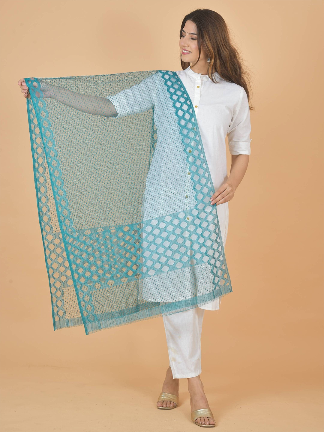 

LA FEMINAE Geometric Woven Design Dupatta, Teal