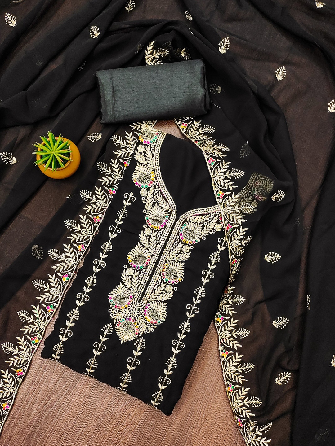

Rangtulika Floral Embroidered Zari Unstitched Dress Material, Black