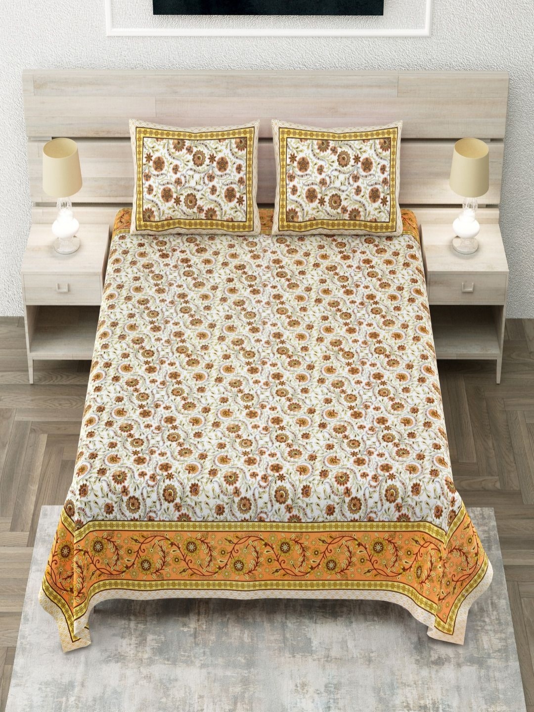 

Aapno Rajasthan Yellow Floral Pure Cotton 144 TC King Bedsheet Set 2.74 m x 2.74 m