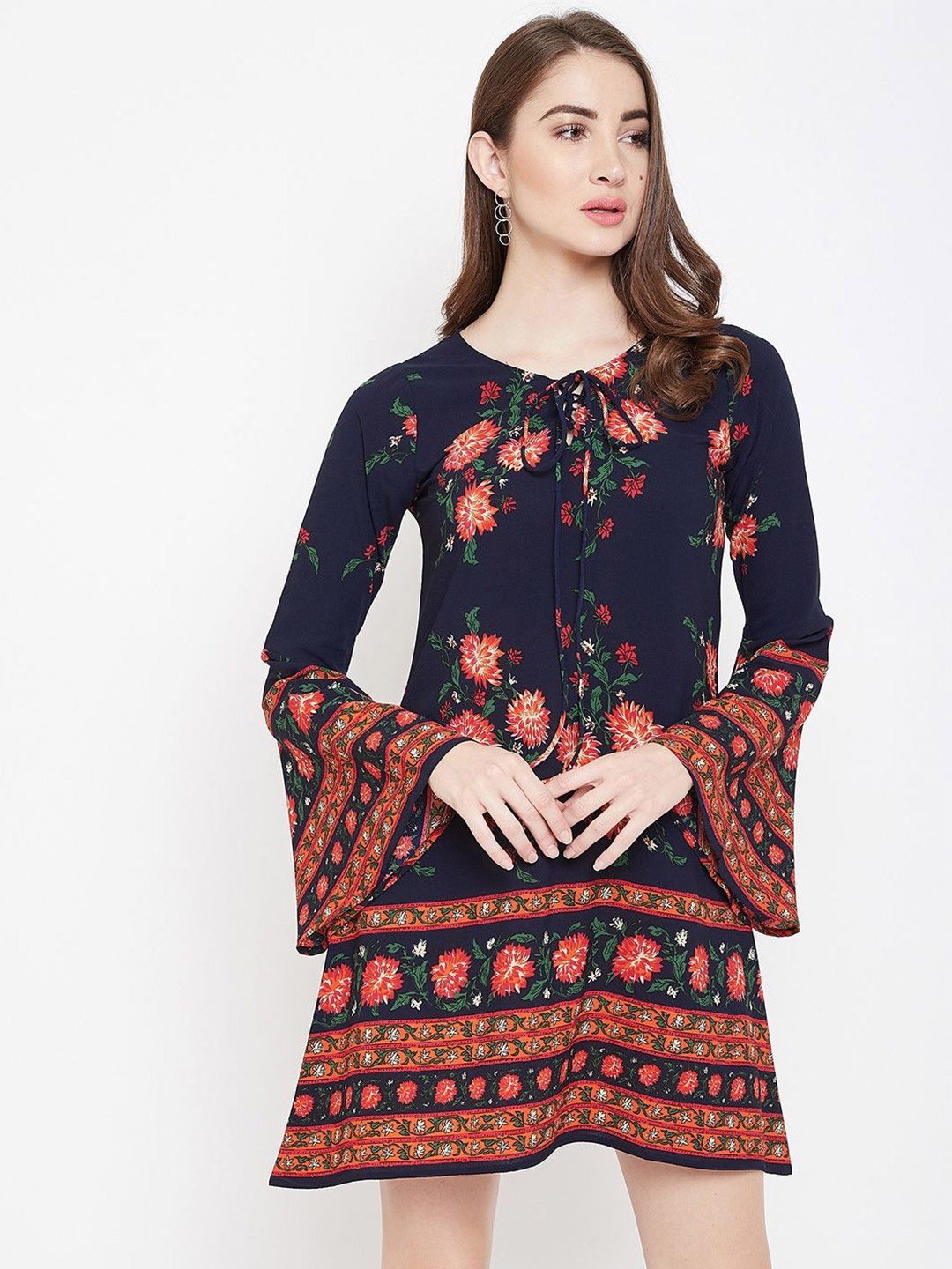 

Berrylush Floral Print Tie-Up Neck Bell Sleeve A-Line Dress, Navy blue