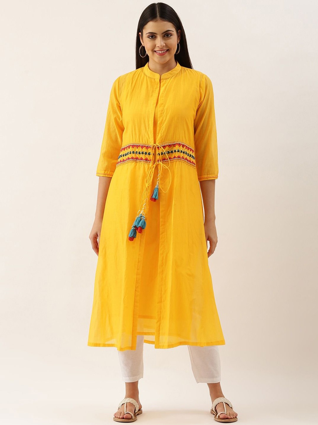 

HRITIKA Embroidered Silk A Line Kurta, Yellow