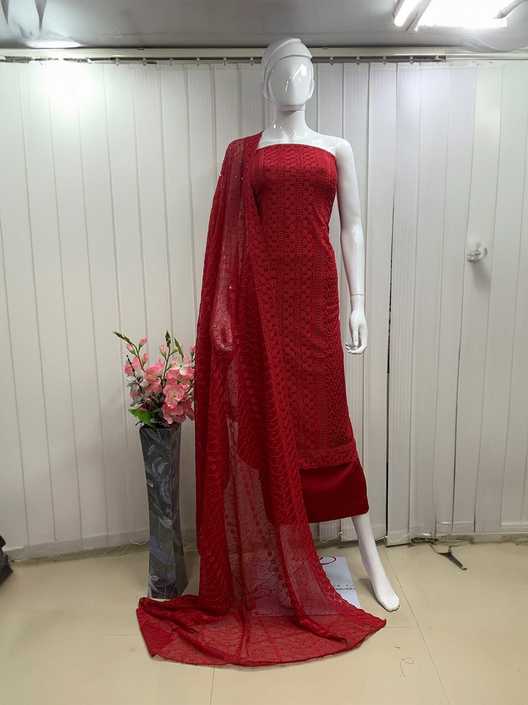 

BlissFlair Floral Embroidered Sequinned Geogrette Unstitched Dress Material, Red
