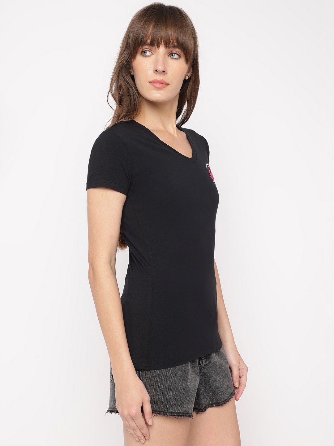 

GUESS Women V-Neck Cut Outs Slim Fit T-shirt, Black