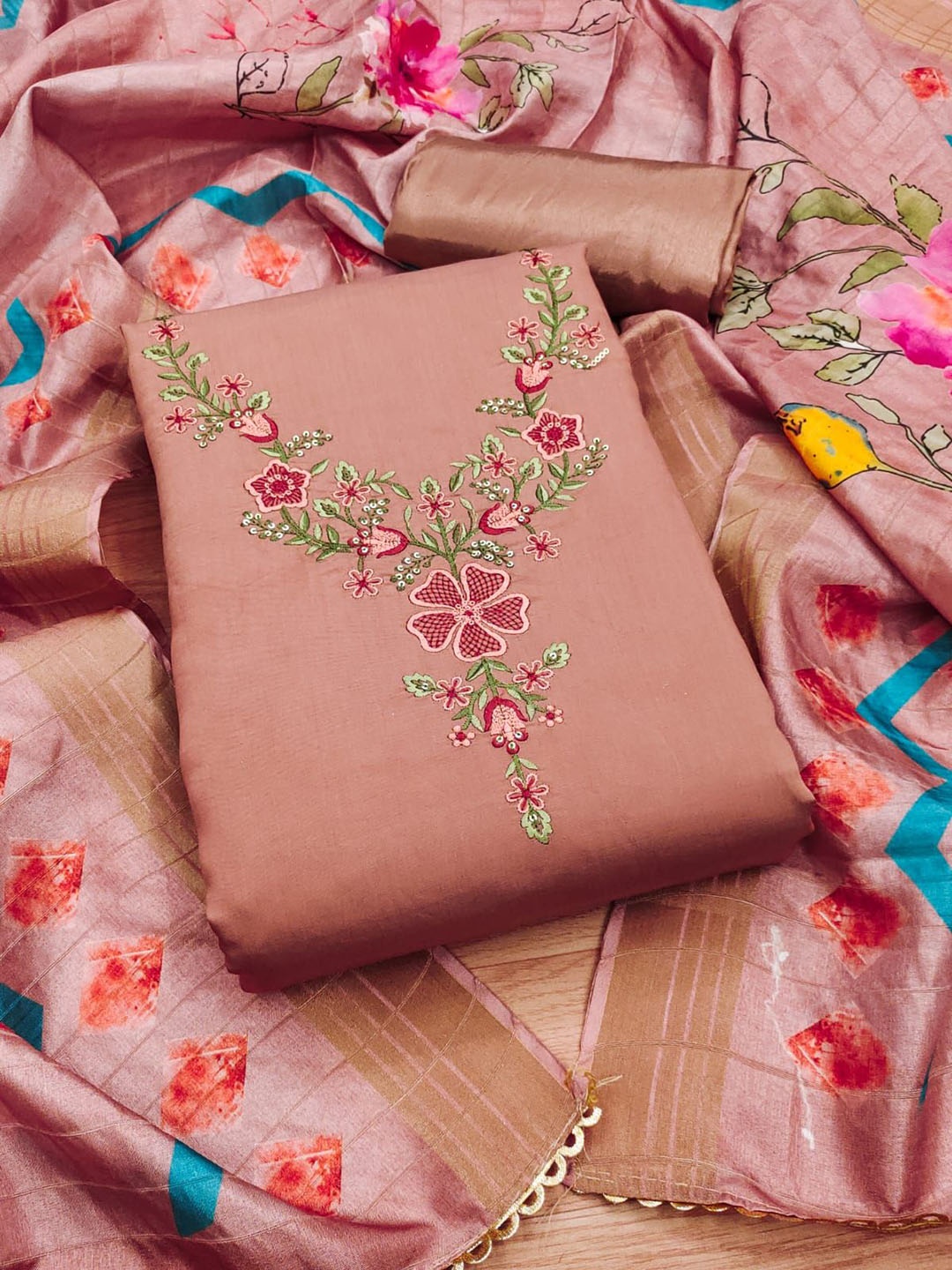 

Rangtulika Floral Embroidered Unstitched Dress Material, Peach